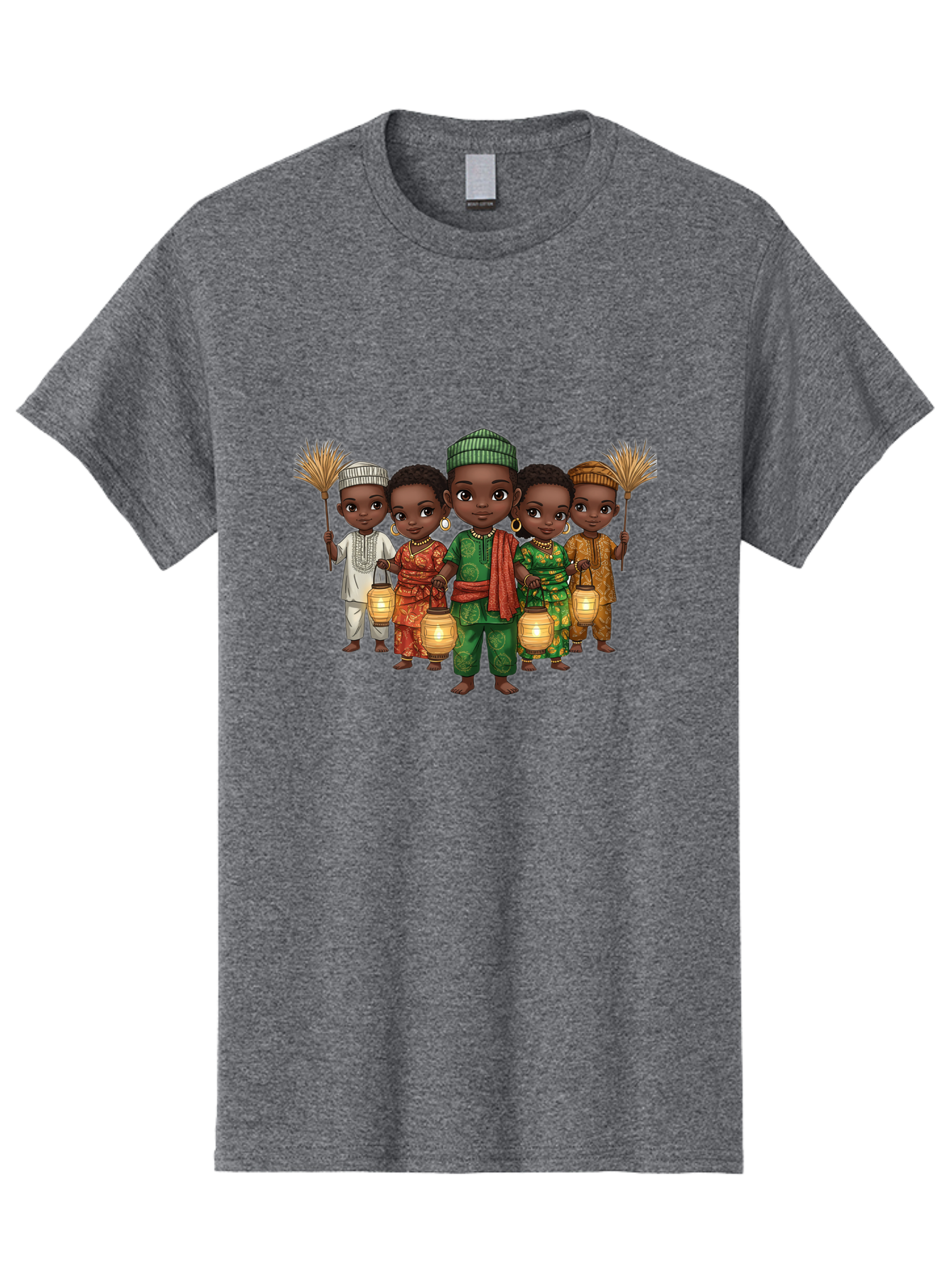 Five-Children Men'S Graphic Tee, 100% Cotton, Comfortable Casual Summer Wear, Machine Washable, Children In Traditional Attire, Cultural Heritage, African Fashion, Lanterns, Fans, Youthful Energy, Vibrant Colors, Traditional Clothing, Bad098