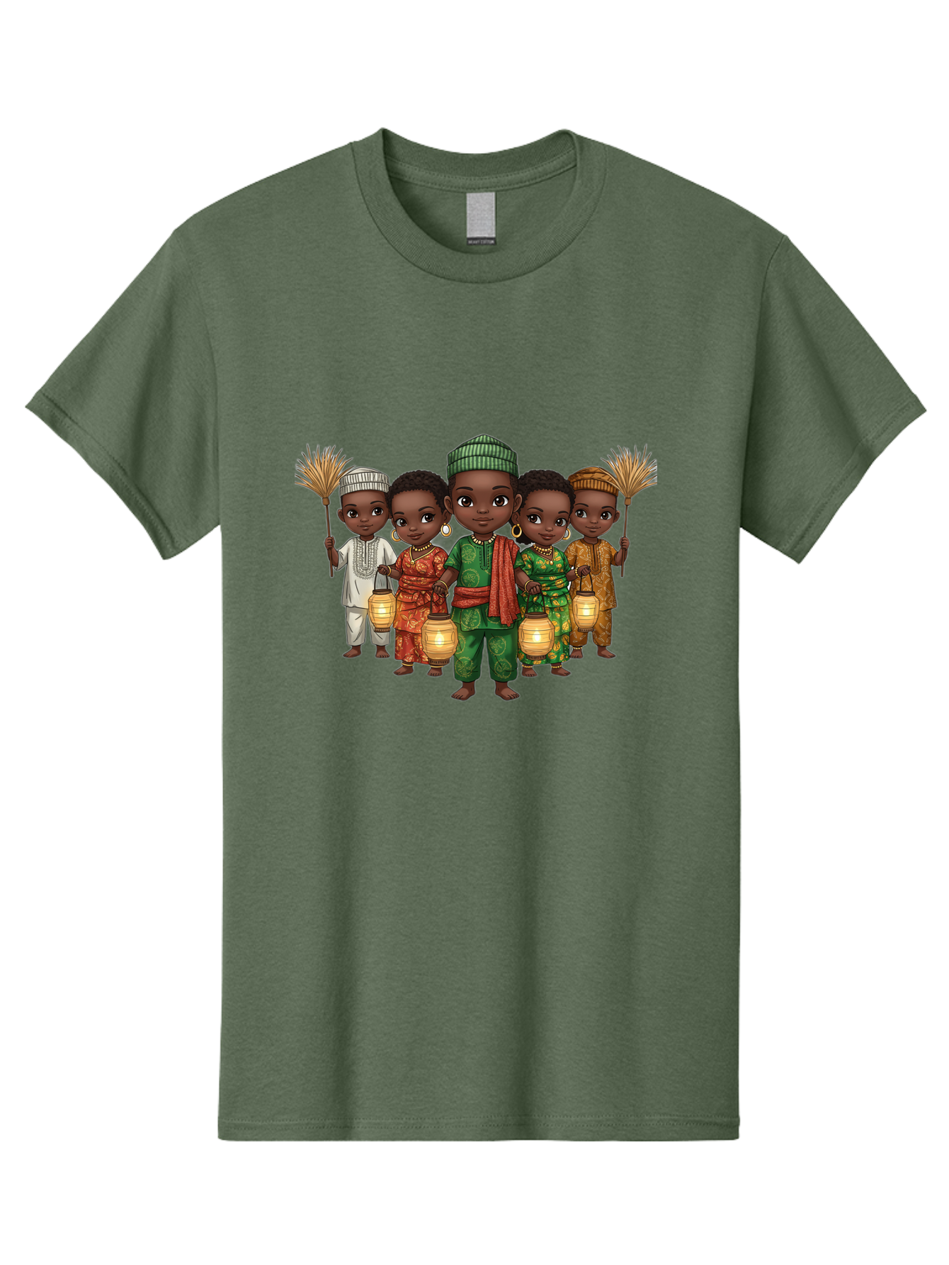 Five-Children Men'S Graphic Tee, 100% Cotton, Comfortable Casual Summer Wear, Machine Washable, Children In Traditional Attire, Cultural Heritage, African Fashion, Lanterns, Fans, Youthful Energy, Vibrant Colors, Traditional Clothing, Bad098
