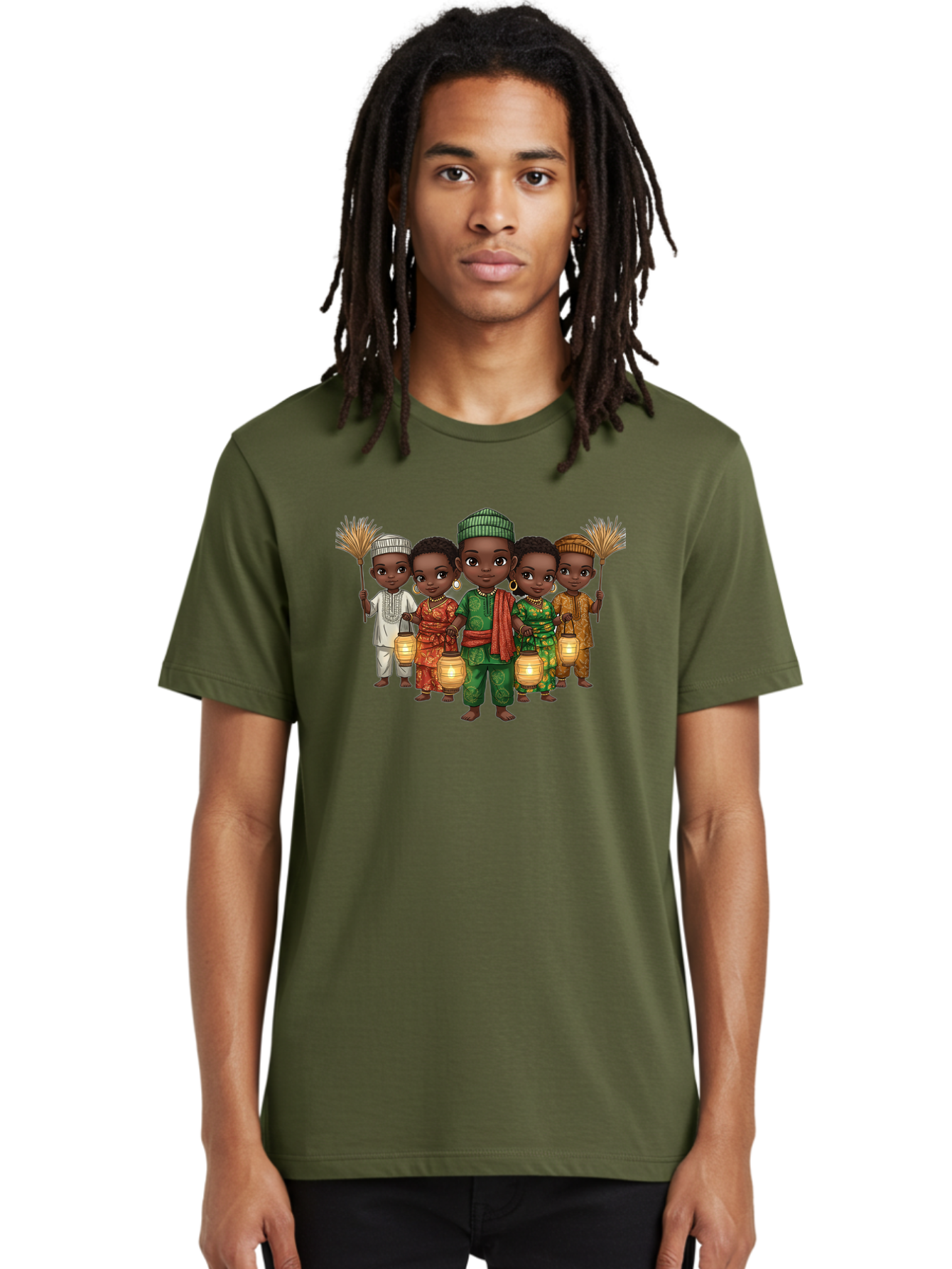 Five-Children Men'S Graphic Tee, 100% Cotton, Comfortable Casual Summer Wear, Machine Washable, Children In Traditional Attire, Cultural Heritage, African Fashion, Lanterns, Fans, Youthful Energy, Vibrant Colors, Traditional Clothing, Bad098