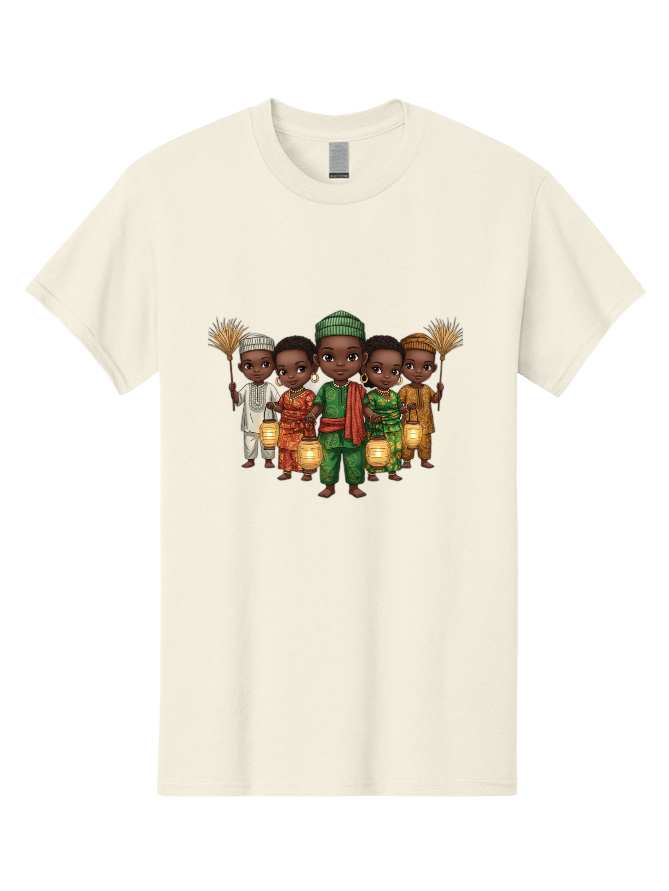 Five-Children Men'S Graphic Tee, 100% Cotton, Comfortable Casual Summer Wear, Machine Washable, Children In Traditional Attire, Cultural Heritage, African Fashion, Lanterns, Fans, Youthful Energy, Vibrant Colors, Traditional Clothing, Bad098