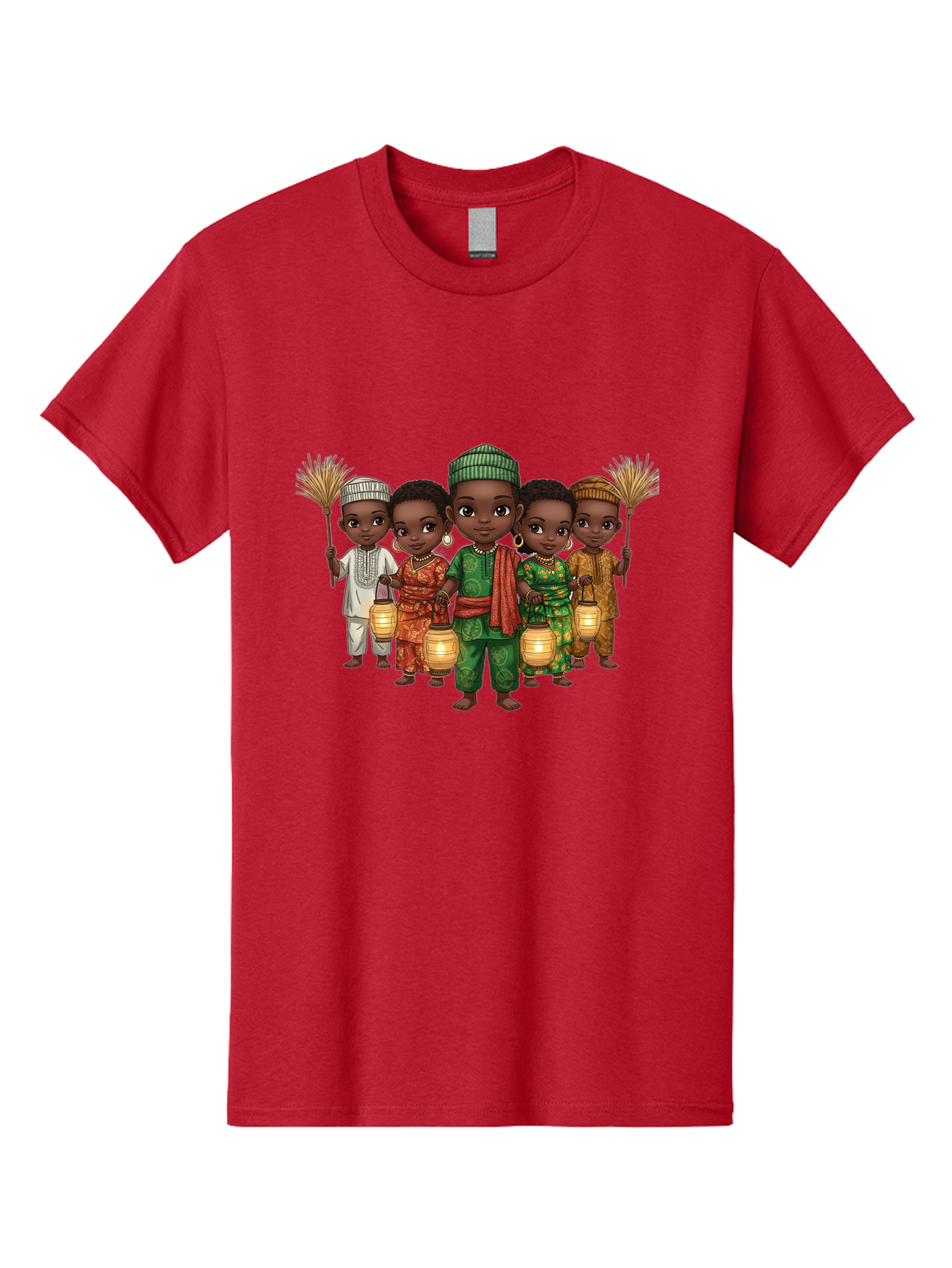Five-Children Men'S Graphic Tee, 100% Cotton, Comfortable Casual Summer Wear, Machine Washable, Children In Traditional Attire, Cultural Heritage, African Fashion, Lanterns, Fans, Youthful Energy, Vibrant Colors, Traditional Clothing, Bad098