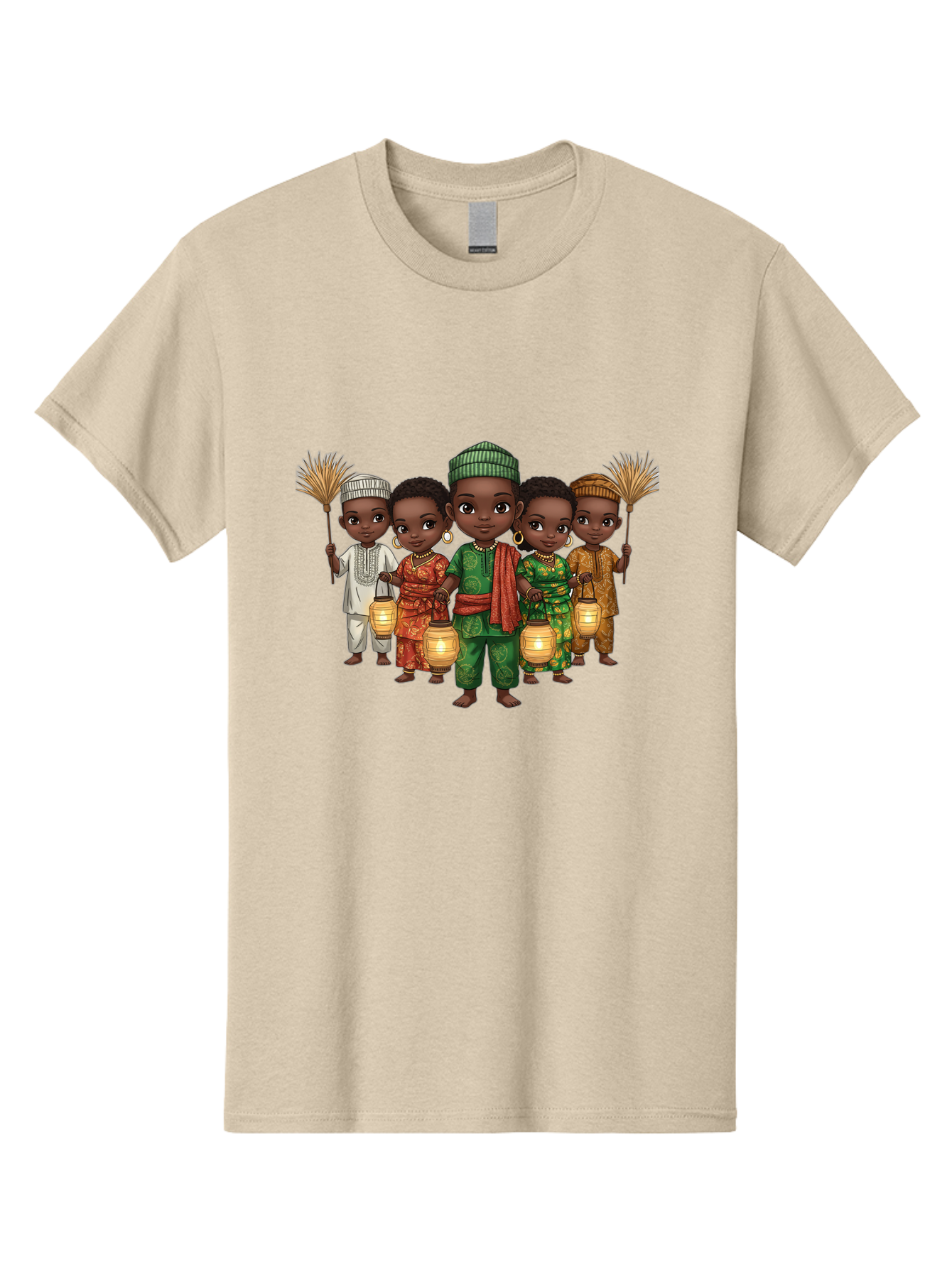 Five-Children Men'S Graphic Tee, 100% Cotton, Comfortable Casual Summer Wear, Machine Washable, Children In Traditional Attire, Cultural Heritage, African Fashion, Lanterns, Fans, Youthful Energy, Vibrant Colors, Traditional Clothing, Bad098