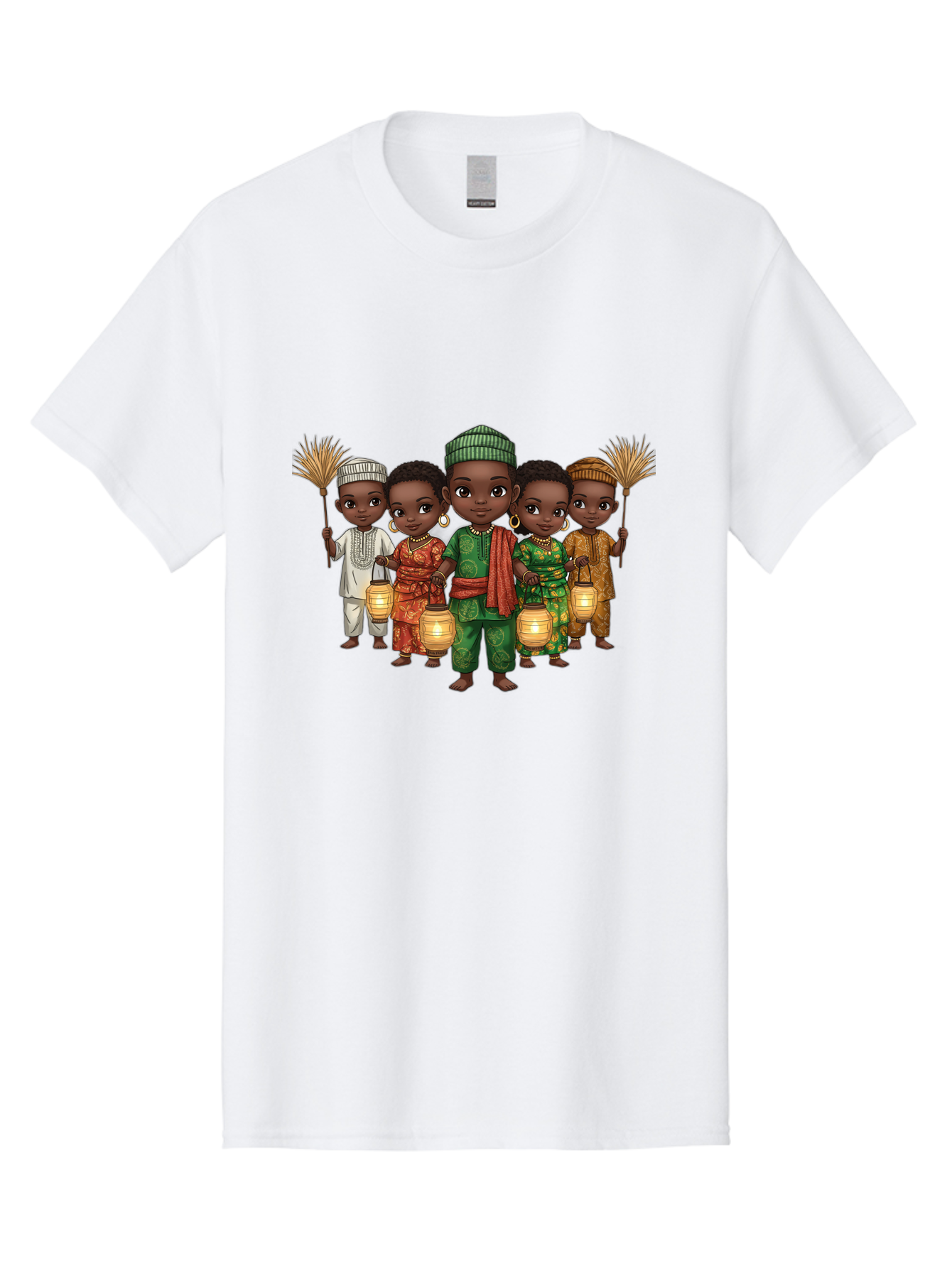 Five-Children Men'S Graphic Tee, 100% Cotton, Comfortable Casual Summer Wear, Machine Washable, Children In Traditional Attire, Cultural Heritage, African Fashion, Lanterns, Fans, Youthful Energy, Vibrant Colors, Traditional Clothing, Bad098