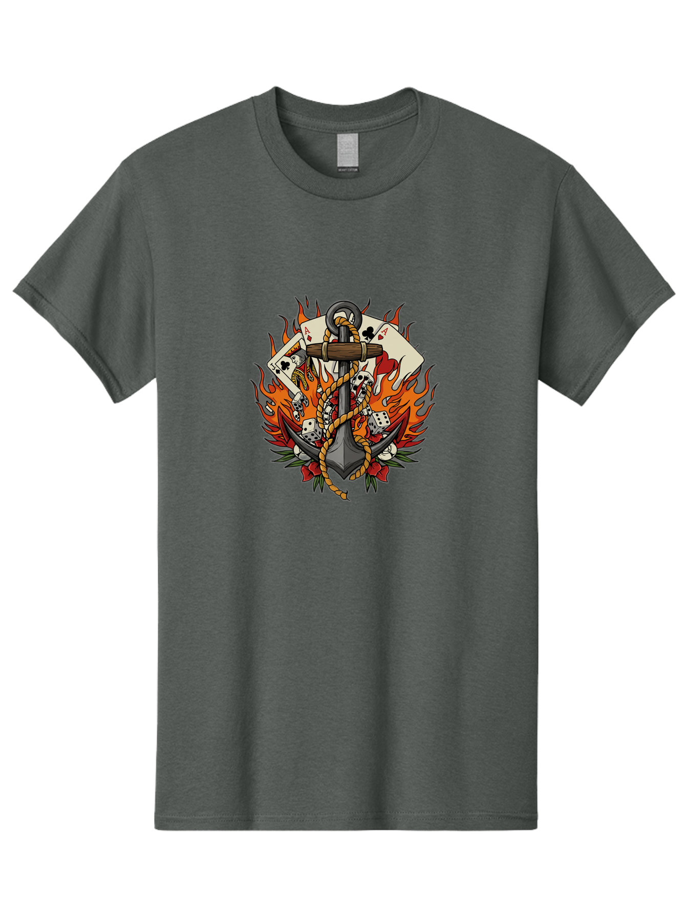 Flaming-Anchor Men'S Graphic Tee, 100% Cotton, Comfortable Casual Summer Wear, Machine Washable, Anchor With Rope, Playing Cards, Dice, Skulls, Fiery Flames, Tattoo Art, Nautical Theme, Casino Luck, Bold Design Bad099