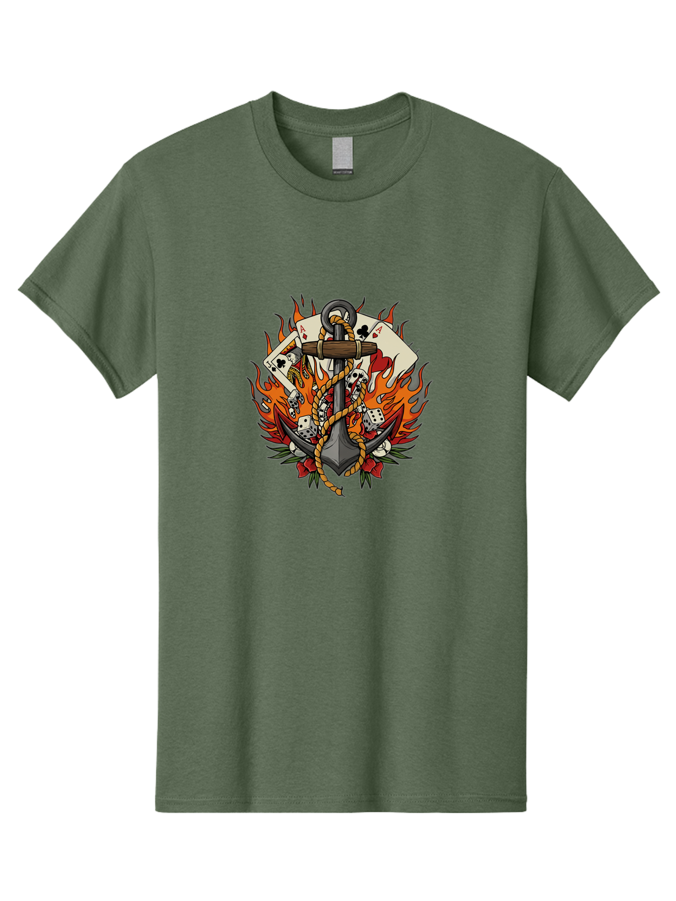 Flaming-Anchor Men'S Graphic Tee, 100% Cotton, Comfortable Casual Summer Wear, Machine Washable, Anchor With Rope, Playing Cards, Dice, Skulls, Fiery Flames, Tattoo Art, Nautical Theme, Casino Luck, Bold Design Bad099