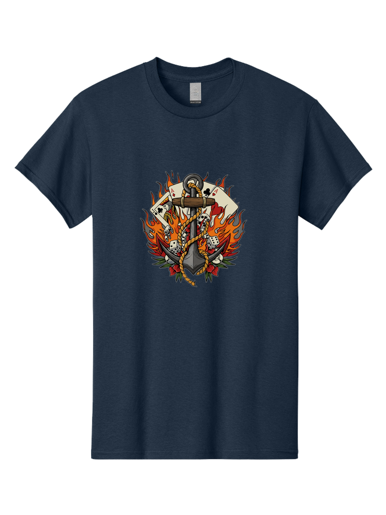 Flaming-Anchor Men'S Graphic Tee, 100% Cotton, Comfortable Casual Summer Wear, Machine Washable, Anchor With Rope, Playing Cards, Dice, Skulls, Fiery Flames, Tattoo Art, Nautical Theme, Casino Luck, Bold Design Bad099