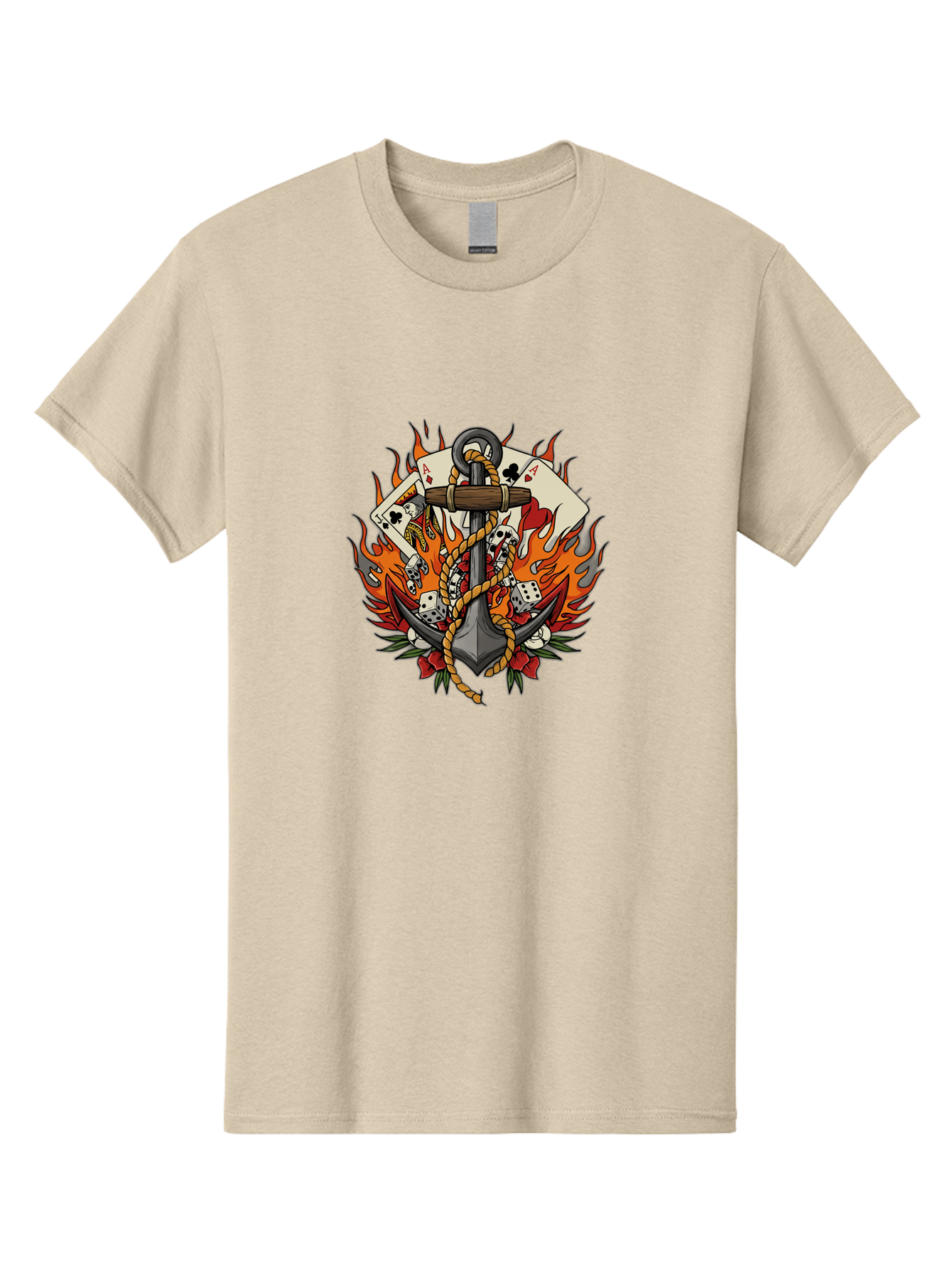 Flaming-Anchor Men'S Graphic Tee, 100% Cotton, Comfortable Casual Summer Wear, Machine Washable, Anchor With Rope, Playing Cards, Dice, Skulls, Fiery Flames, Tattoo Art, Nautical Theme, Casino Luck, Bold Design Bad099
