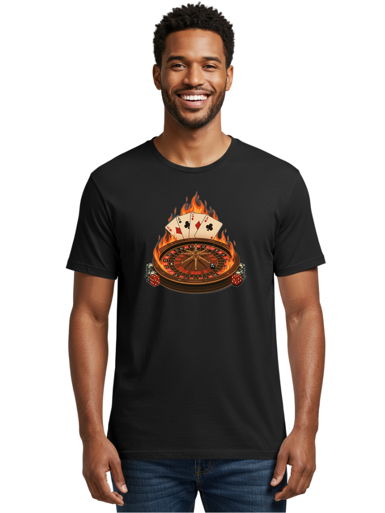 Flaming-Roulette Men'S Graphic Tee, 100% Cotton, Comfortable Casual Summer Wear, Machine Washable, Roulette Wheel, Casino Games, Playing Cards, Poker Chips, Flames, High Stakes, Game Of Chance, Betting, Casino Atmosphere, Luck Bad100