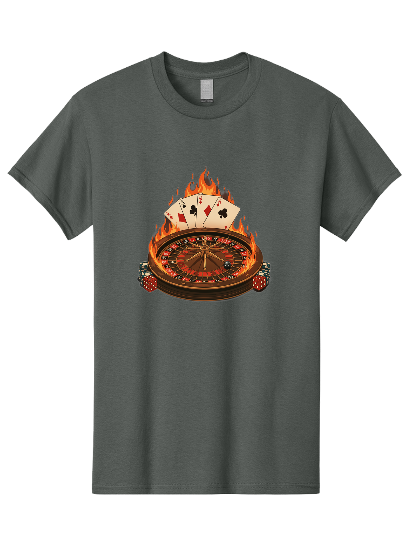 Flaming-Roulette Men'S Graphic Tee, 100% Cotton, Comfortable Casual Summer Wear, Machine Washable, Roulette Wheel, Casino Games, Playing Cards, Poker Chips, Flames, High Stakes, Game Of Chance, Betting, Casino Atmosphere, Luck Bad100