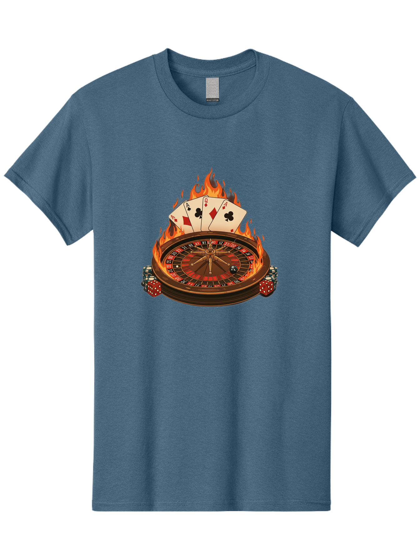 Flaming-Roulette Men'S Graphic Tee, 100% Cotton, Comfortable Casual Summer Wear, Machine Washable, Roulette Wheel, Casino Games, Playing Cards, Poker Chips, Flames, High Stakes, Game Of Chance, Betting, Casino Atmosphere, Luck Bad100