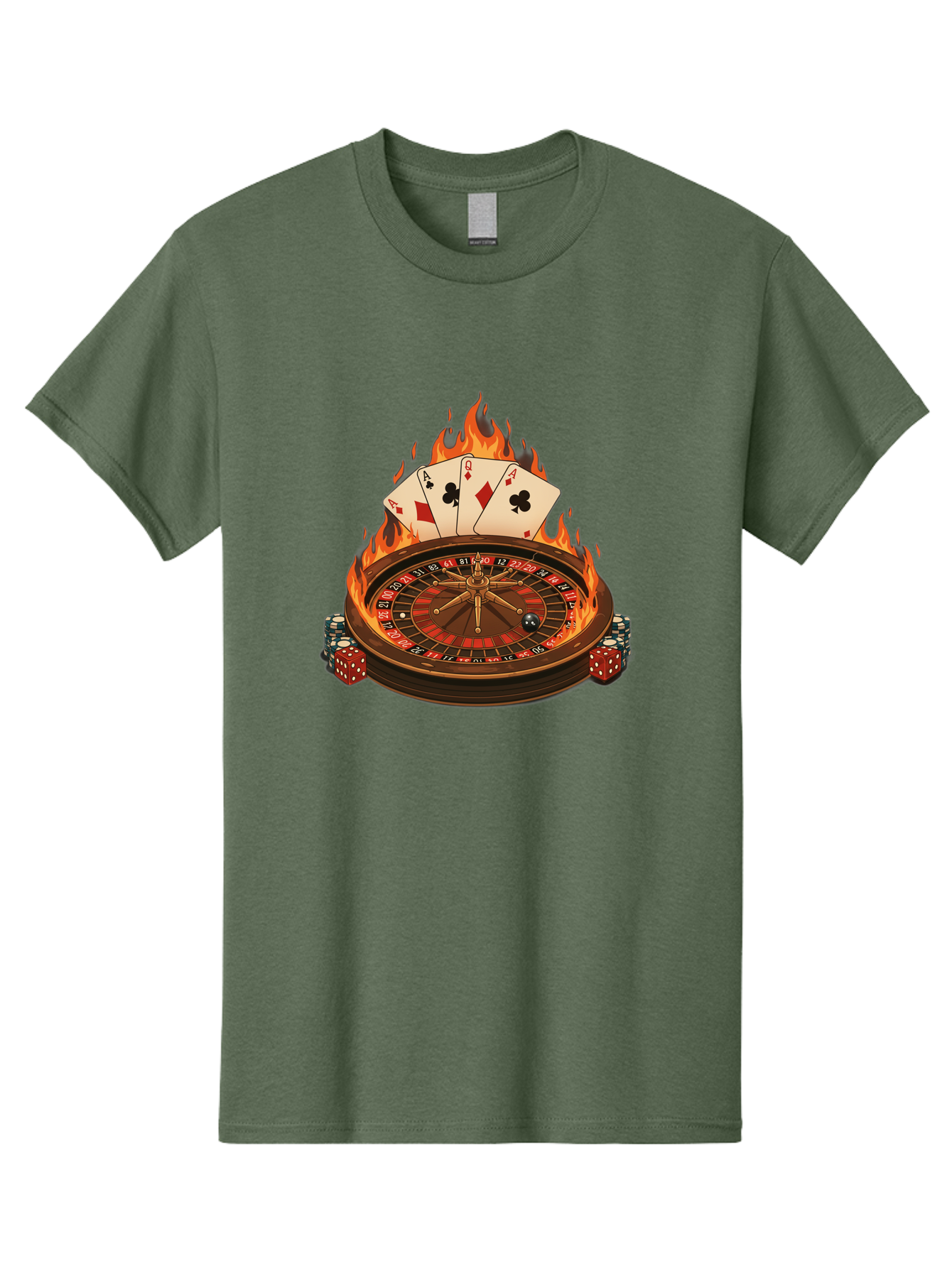 Flaming-Roulette Men'S Graphic Tee, 100% Cotton, Comfortable Casual Summer Wear, Machine Washable, Roulette Wheel, Casino Games, Playing Cards, Poker Chips, Flames, High Stakes, Game Of Chance, Betting, Casino Atmosphere, Luck Bad100