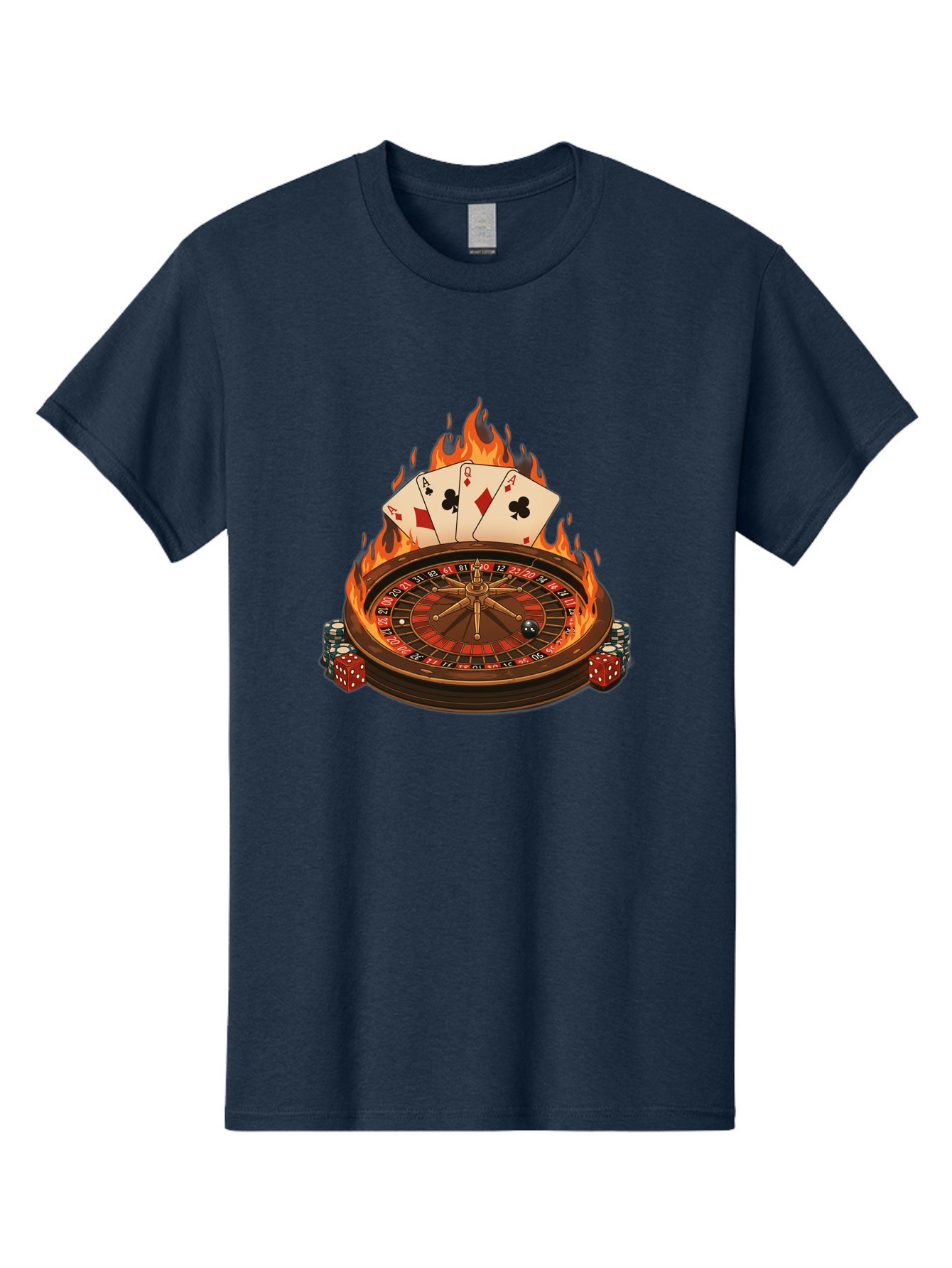 Flaming-Roulette Men'S Graphic Tee, 100% Cotton, Comfortable Casual Summer Wear, Machine Washable, Roulette Wheel, Casino Games, Playing Cards, Poker Chips, Flames, High Stakes, Game Of Chance, Betting, Casino Atmosphere, Luck Bad100