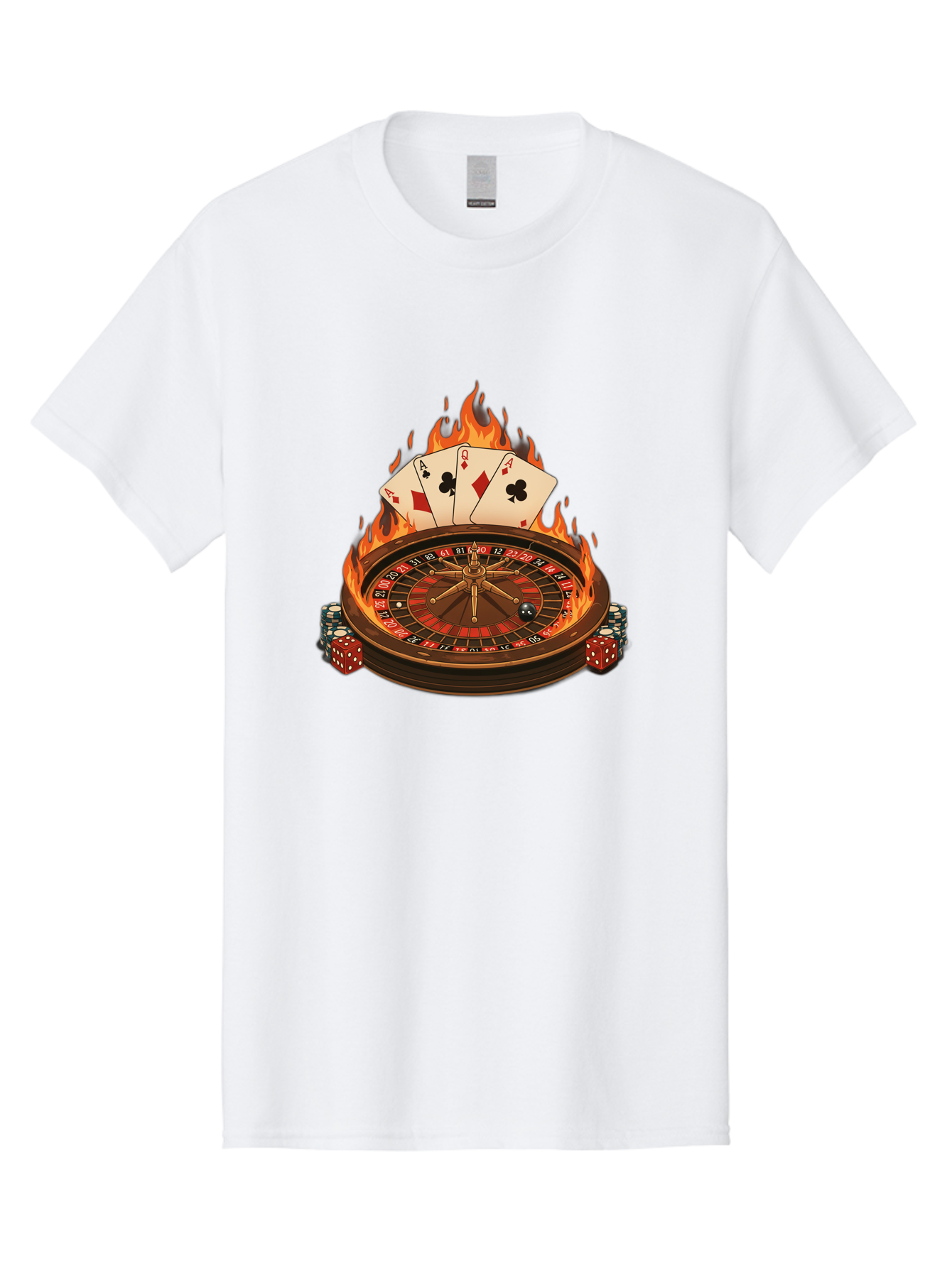 Flaming-Roulette Men'S Graphic Tee, 100% Cotton, Comfortable Casual Summer Wear, Machine Washable, Roulette Wheel, Casino Games, Playing Cards, Poker Chips, Flames, High Stakes, Game Of Chance, Betting, Casino Atmosphere, Luck Bad100