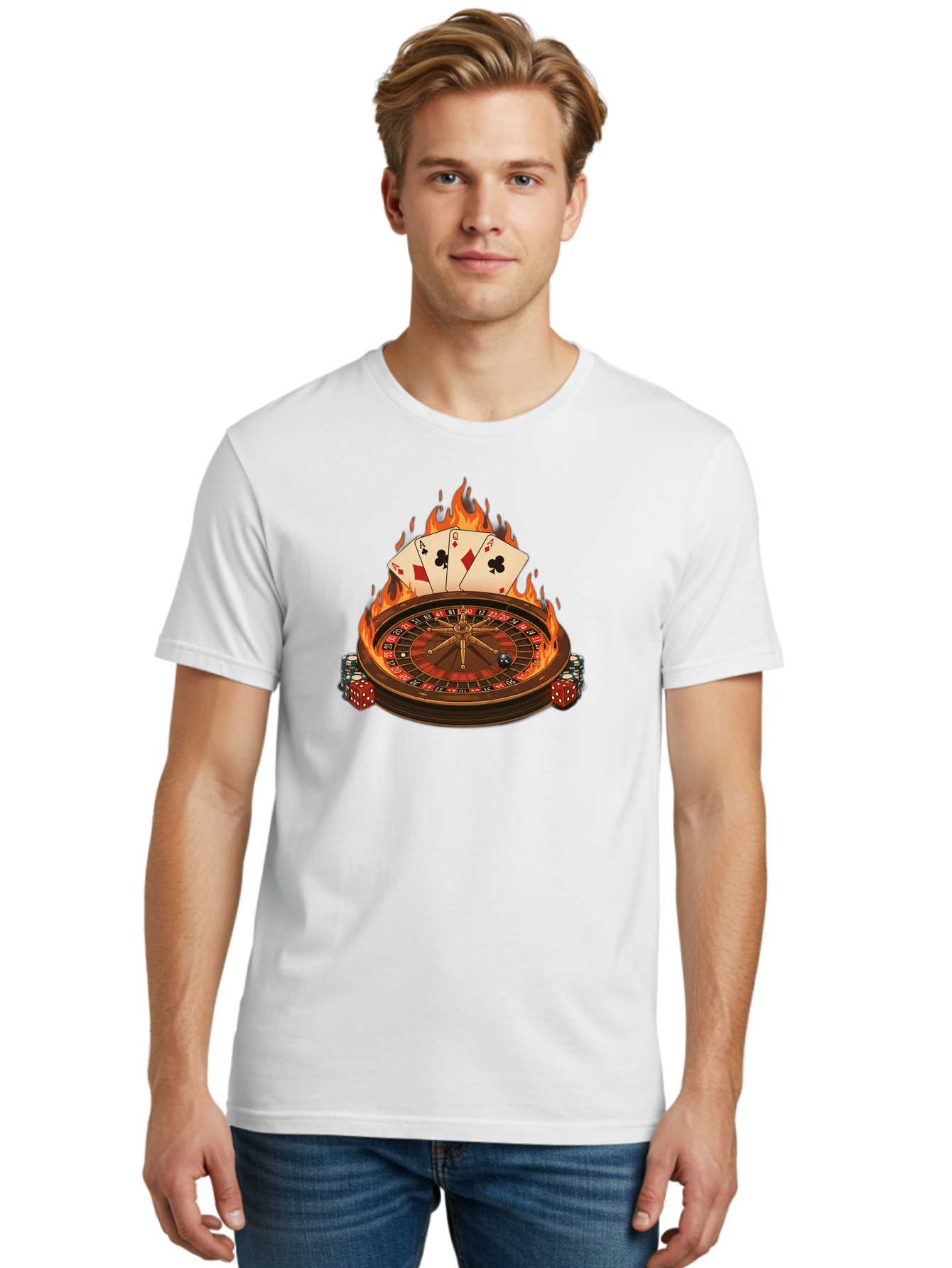 Flaming-Roulette Men'S Graphic Tee, 100% Cotton, Comfortable Casual Summer Wear, Machine Washable, Roulette Wheel, Casino Games, Playing Cards, Poker Chips, Flames, High Stakes, Game Of Chance, Betting, Casino Atmosphere, Luck Bad100