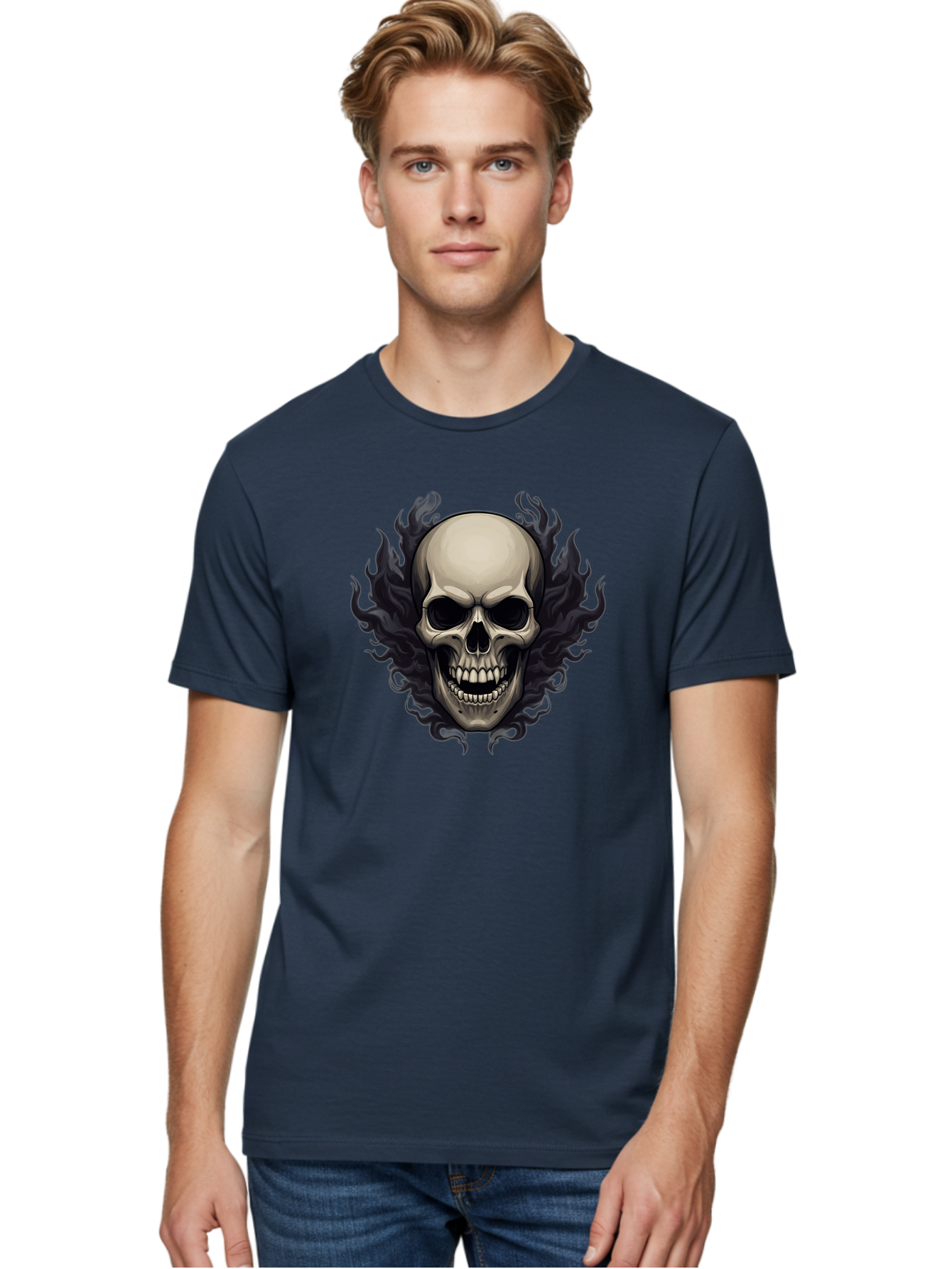 Flaming-Skull Men'S Graphic Tee, 100% Cotton, Comfortable Casual Summer Wear, Machine Washable, Skull With Flames, Grunge Style, Gothic Graphic, Horror Theme, Dark Art, Punk Rock, Edgy Design, Bold Imagery, Fiery Skull, Intense Graphics Bad101