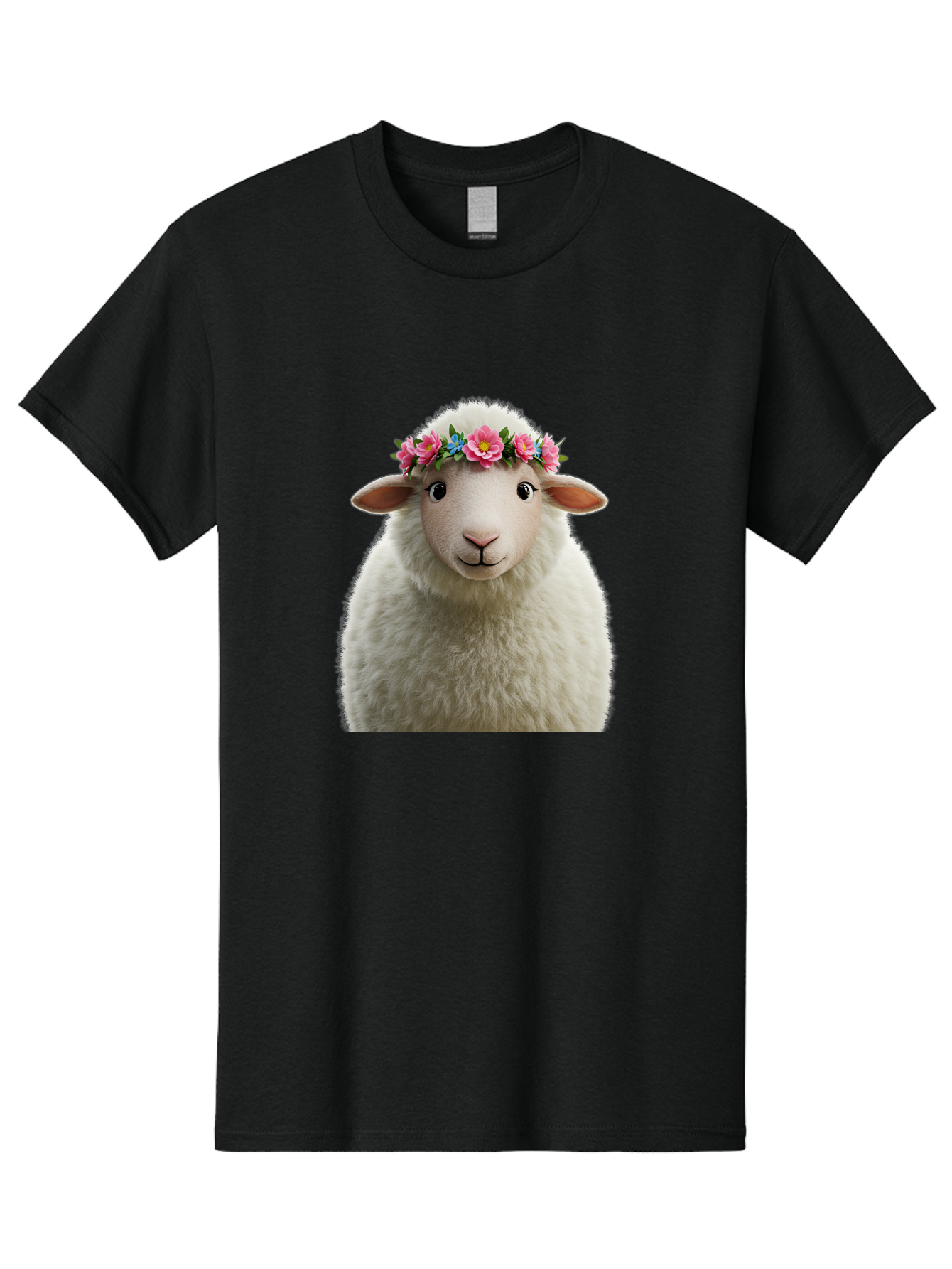 Floral-Sheep-Portrait Men'S Graphic Tee, 100% Cotton, Comfortable Casual Summer Wear, Machine Washable, White Sheep, Cartoon Sheep, Floral Crown, Pink Flowers, Blue Flowers, Cute Animal, Fluffy Fur, Friendly Face, Smiling Sheep, Spring Theme, Bad105