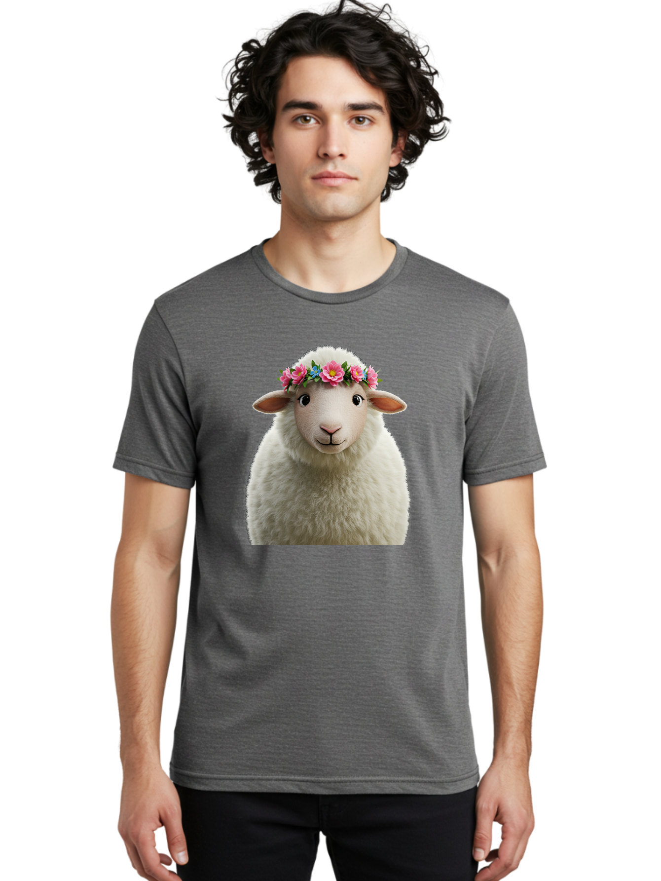 Floral-Sheep-Portrait Men'S Graphic Tee, 100% Cotton, Comfortable Casual Summer Wear, Machine Washable, White Sheep, Cartoon Sheep, Floral Crown, Pink Flowers, Blue Flowers, Cute Animal, Fluffy Fur, Friendly Face, Smiling Sheep, Spring Theme, Bad105