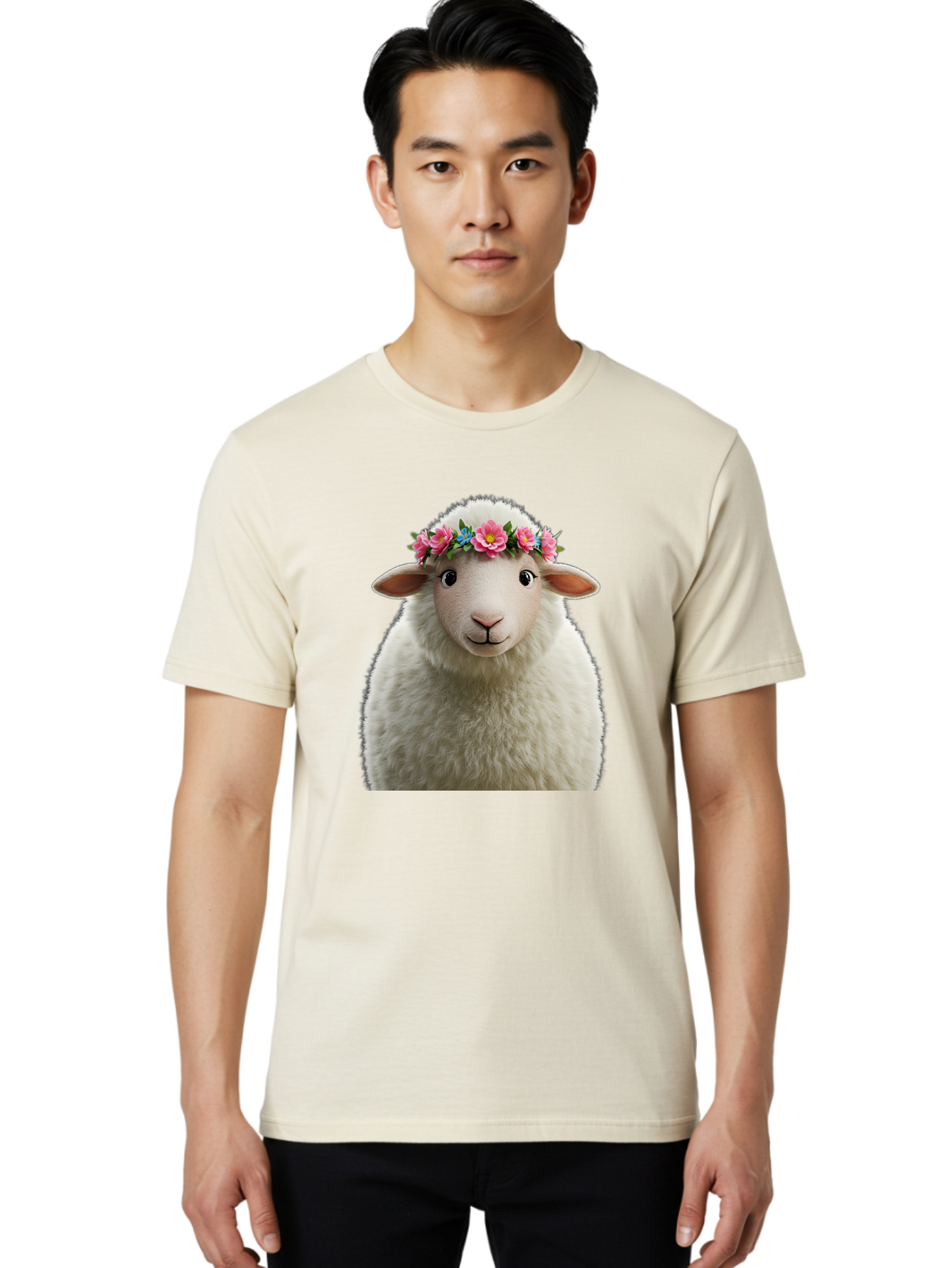 Floral-Sheep-Portrait Men'S Graphic Tee, 100% Cotton, Comfortable Casual Summer Wear, Machine Washable, White Sheep, Cartoon Sheep, Floral Crown, Pink Flowers, Blue Flowers, Cute Animal, Fluffy Fur, Friendly Face, Smiling Sheep, Spring Theme, Bad105