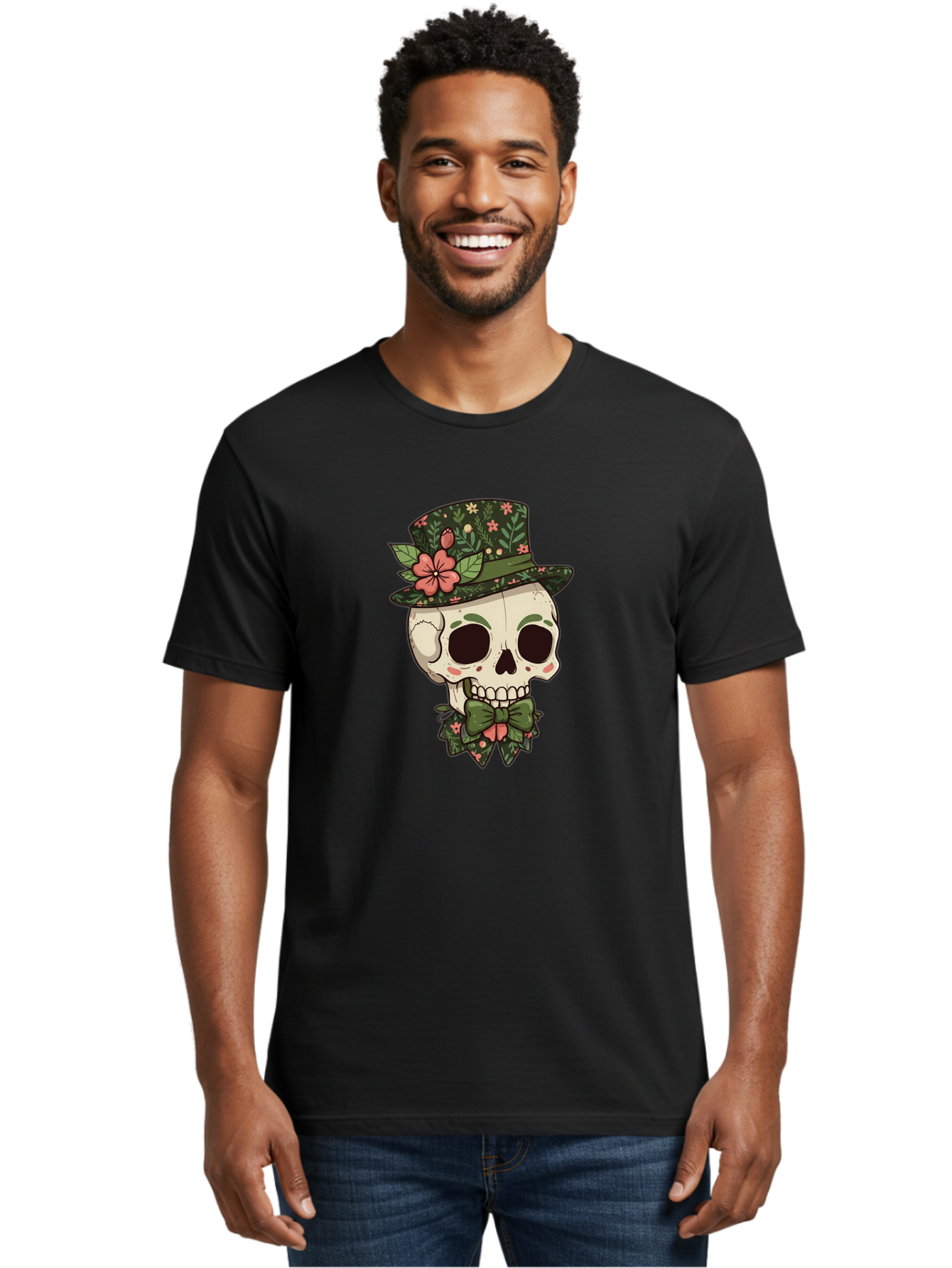 Floral-Skull Men'S Graphic Tee, 100% Cotton, Comfortable Casual Summer Wear, Machine Washable, Skull With Hat, Floral Pattern, Bow Tie, Sugar Skull, Day Of The Dead, Gothic Chic, Floral Accessories, Vintage Style Bad106