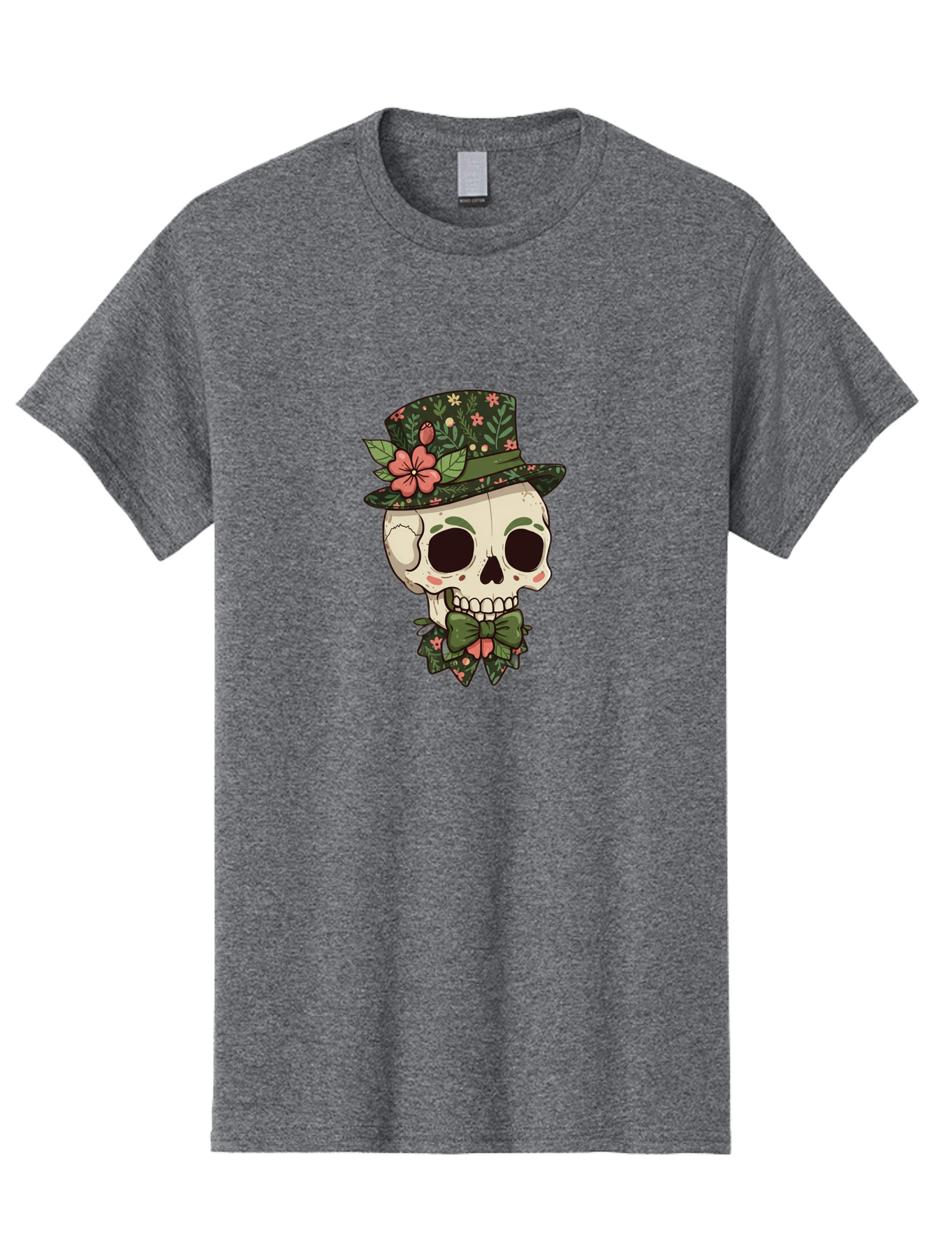 Floral-Skull Men'S Graphic Tee, 100% Cotton, Comfortable Casual Summer Wear, Machine Washable, Skull With Hat, Floral Pattern, Bow Tie, Sugar Skull, Day Of The Dead, Gothic Chic, Floral Accessories, Vintage Style Bad106