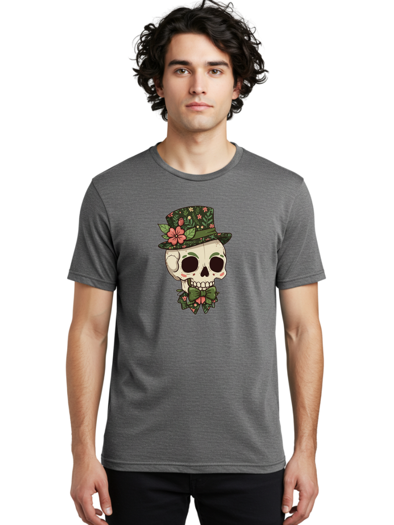 Floral-Skull Men'S Graphic Tee, 100% Cotton, Comfortable Casual Summer Wear, Machine Washable, Skull With Hat, Floral Pattern, Bow Tie, Sugar Skull, Day Of The Dead, Gothic Chic, Floral Accessories, Vintage Style Bad106