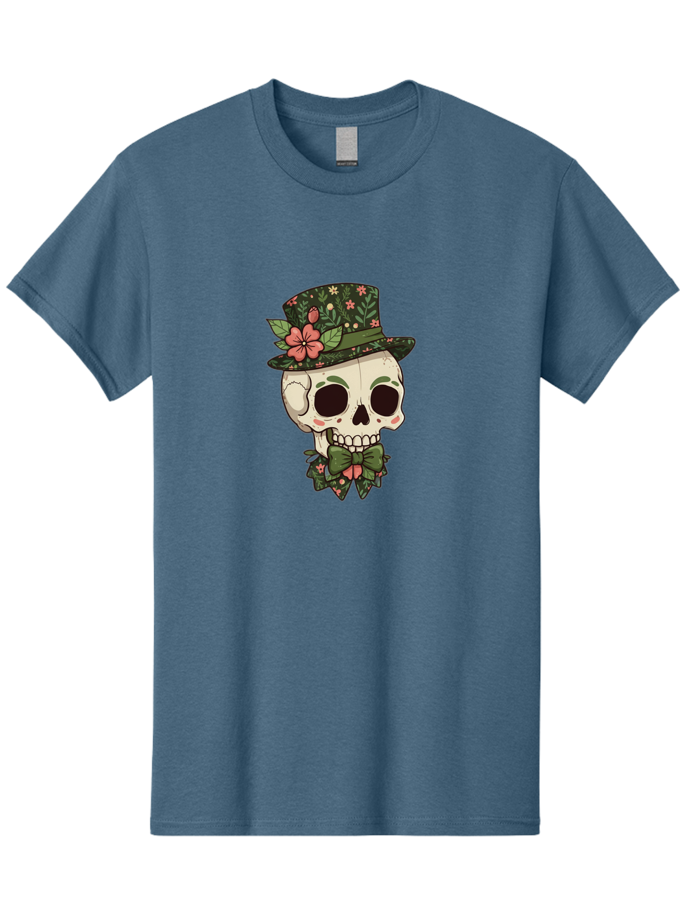 Floral-Skull Men'S Graphic Tee, 100% Cotton, Comfortable Casual Summer Wear, Machine Washable, Skull With Hat, Floral Pattern, Bow Tie, Sugar Skull, Day Of The Dead, Gothic Chic, Floral Accessories, Vintage Style Bad106