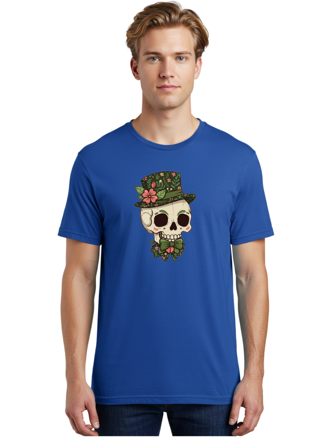 Floral-Skull Men'S Graphic Tee, 100% Cotton, Comfortable Casual Summer Wear, Machine Washable, Skull With Hat, Floral Pattern, Bow Tie, Sugar Skull, Day Of The Dead, Gothic Chic, Floral Accessories, Vintage Style Bad106