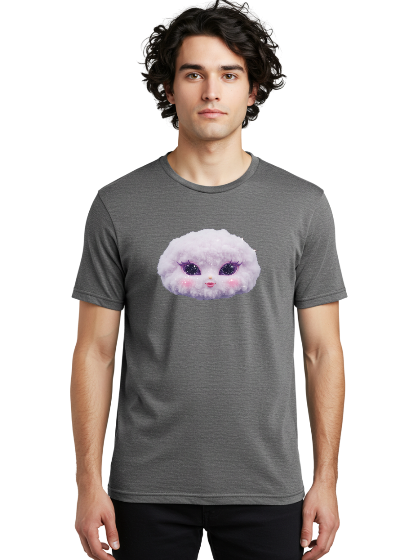 Fluffy-Cloud-Pet Men'S Graphic Tee, 100% Cotton, Comfortable Casual Summer Wear, Machine Washable, Cute Cartoon Character, Fluffy White Pom, Pink Cheeks, Purple Eyes, Sparkly Eyelashes, Sweet Expression, Children'S Illustration, Bad108