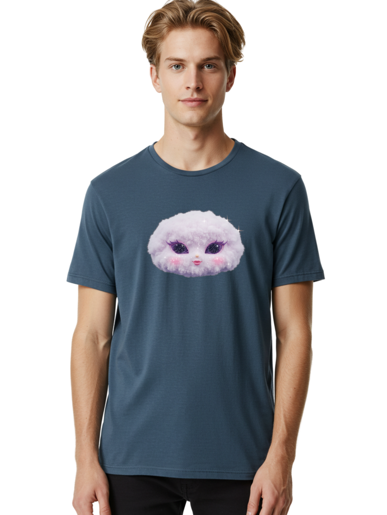 Fluffy-Cloud-Pet Men'S Graphic Tee, 100% Cotton, Comfortable Casual Summer Wear, Machine Washable, Cute Cartoon Character, Fluffy White Pom, Pink Cheeks, Purple Eyes, Sparkly Eyelashes, Sweet Expression, Children'S Illustration, Bad108