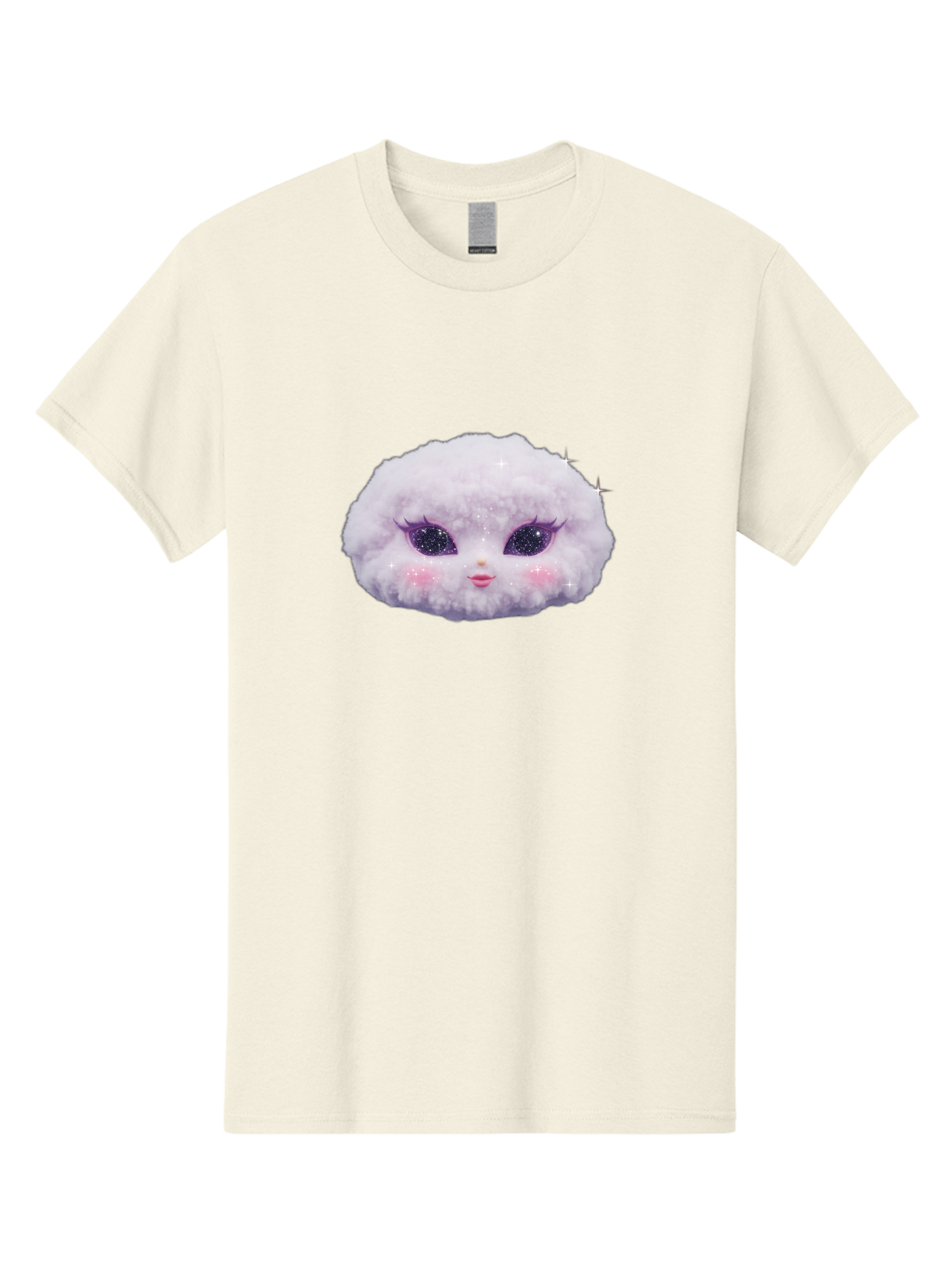 Fluffy-Cloud-Pet Men'S Graphic Tee, 100% Cotton, Comfortable Casual Summer Wear, Machine Washable, Cute Cartoon Character, Fluffy White Pom, Pink Cheeks, Purple Eyes, Sparkly Eyelashes, Sweet Expression, Children'S Illustration, Bad108