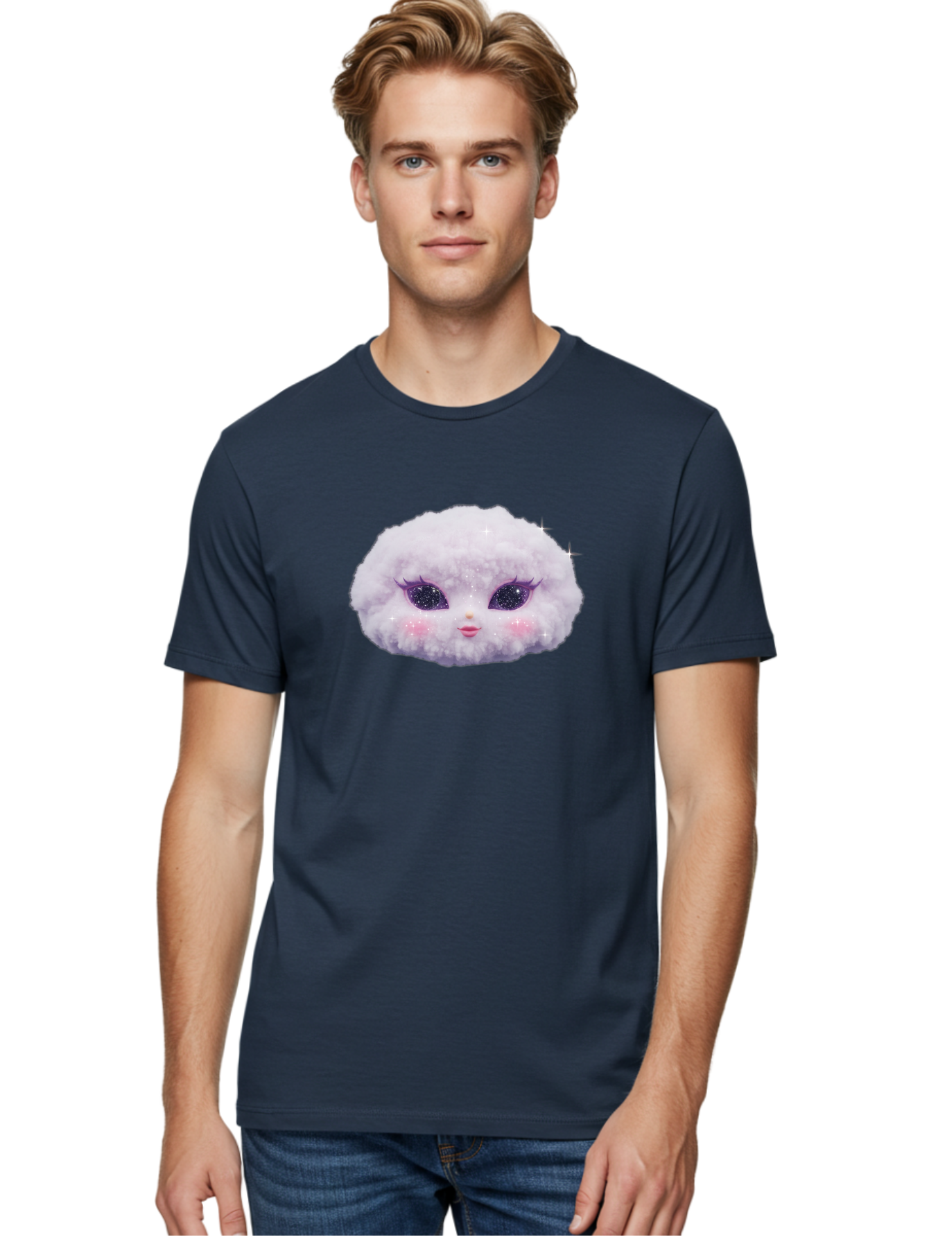 Fluffy-Cloud-Pet Men'S Graphic Tee, 100% Cotton, Comfortable Casual Summer Wear, Machine Washable, Cute Cartoon Character, Fluffy White Pom, Pink Cheeks, Purple Eyes, Sparkly Eyelashes, Sweet Expression, Children'S Illustration, Bad108