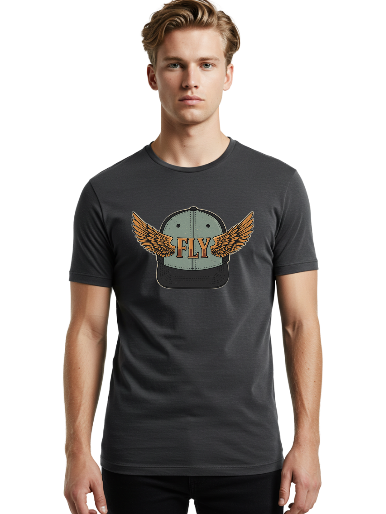 Fly-Baseball-Cap Men'S Graphic Tee, 100% Cotton, Comfortable Casual Summer Wear, Machine Washable, Baseball Cap With Wings, Fly Logo, Fashion Accessory, Streetwear Style, Winged Design, Casual Wear, Trendy Apparel, Hat With Wings Bad109
