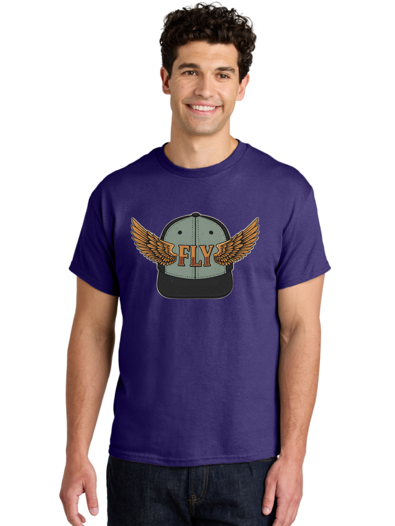 Fly-Baseball-Cap Men'S Graphic Tee, 100% Cotton, Comfortable Casual Summer Wear, Machine Washable, Baseball Cap With Wings, Fly Logo, Fashion Accessory, Streetwear Style, Winged Design, Casual Wear, Trendy Apparel, Hat With Wings Bad109