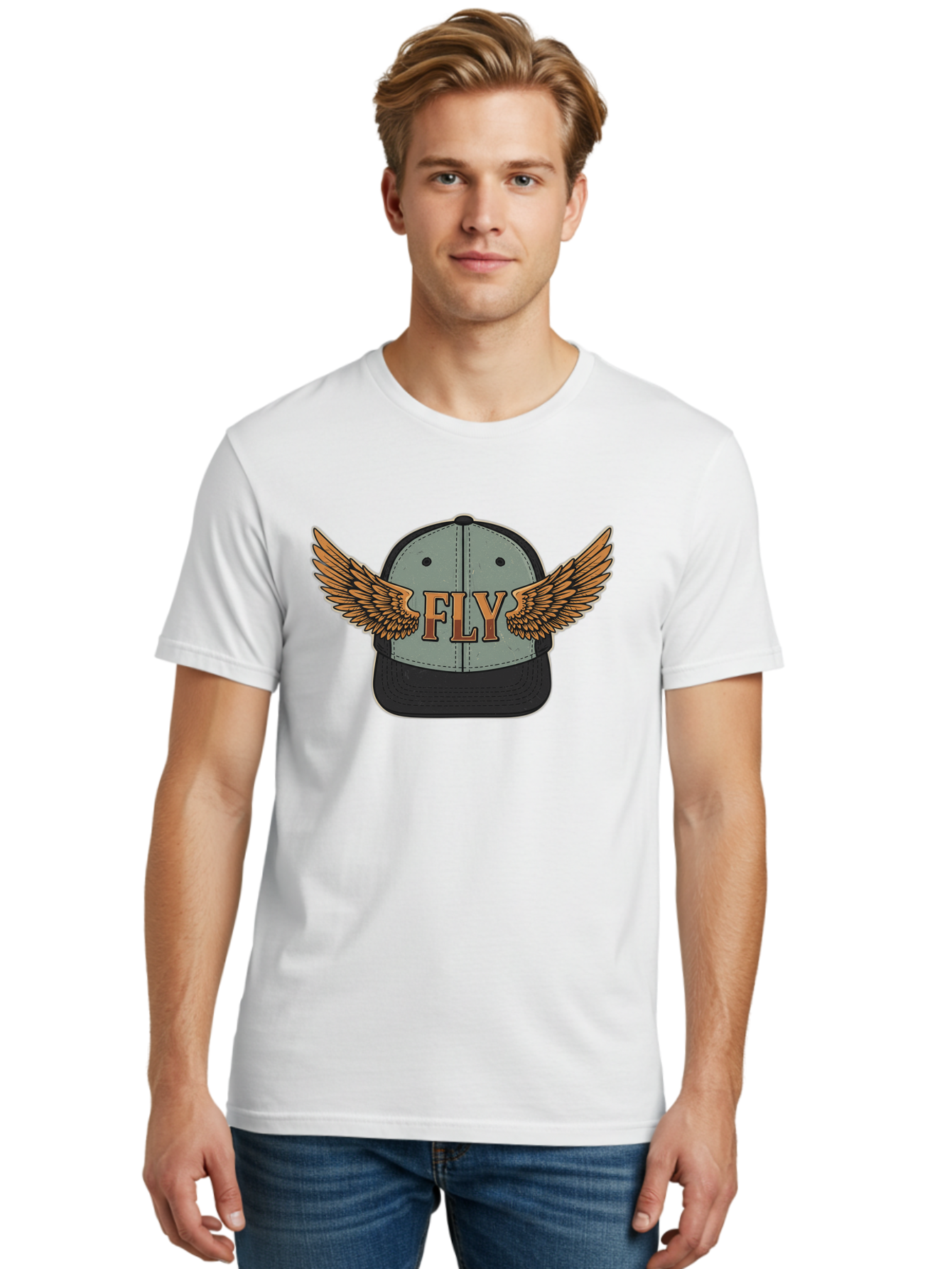 Fly-Baseball-Cap Men'S Graphic Tee, 100% Cotton, Comfortable Casual Summer Wear, Machine Washable, Baseball Cap With Wings, Fly Logo, Fashion Accessory, Streetwear Style, Winged Design, Casual Wear, Trendy Apparel, Hat With Wings Bad109