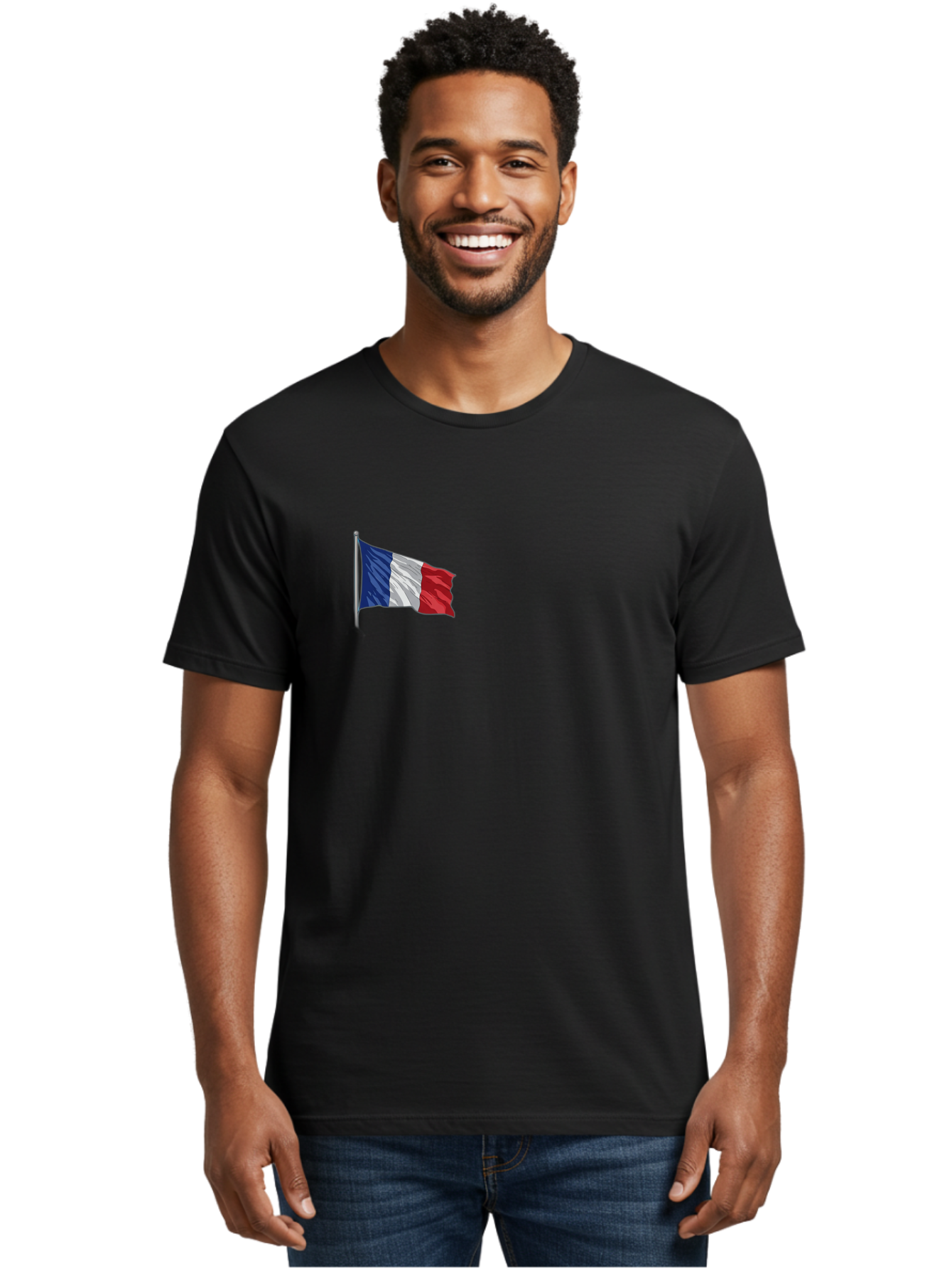 French-Flag Men'S Graphic Tee, 100% Cotton, Comfortable Casual Summer Wear, Machine Washable, French Flag Waving, National Symbol, France, Tricolor, Blue White And Red, Patriotic, Waving Flag, French Culture, Iconic Emblem, Country Flag Bad110