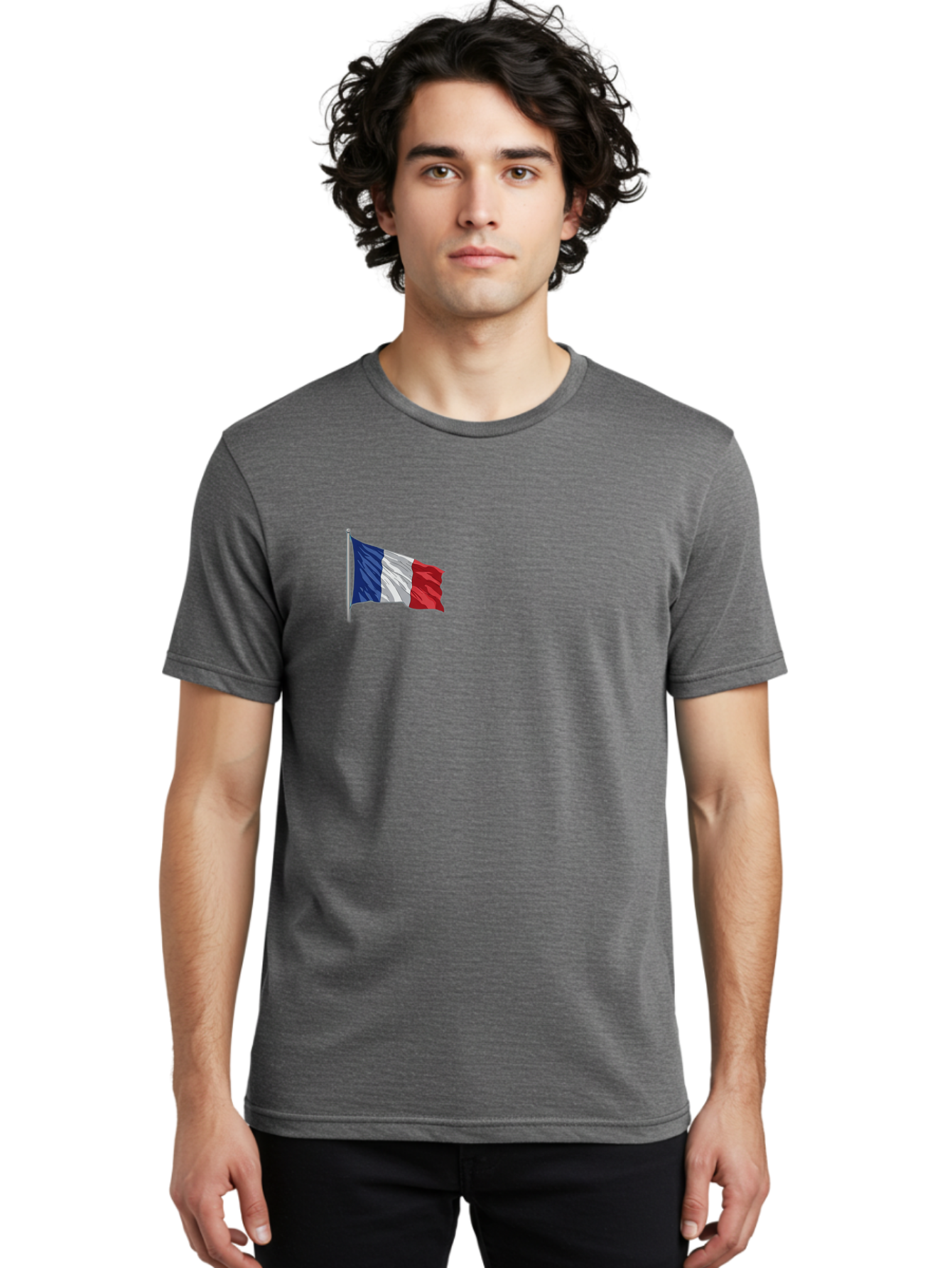 French-Flag Men'S Graphic Tee, 100% Cotton, Comfortable Casual Summer Wear, Machine Washable, French Flag Waving, National Symbol, France, Tricolor, Blue White And Red, Patriotic, Waving Flag, French Culture, Iconic Emblem, Country Flag Bad110