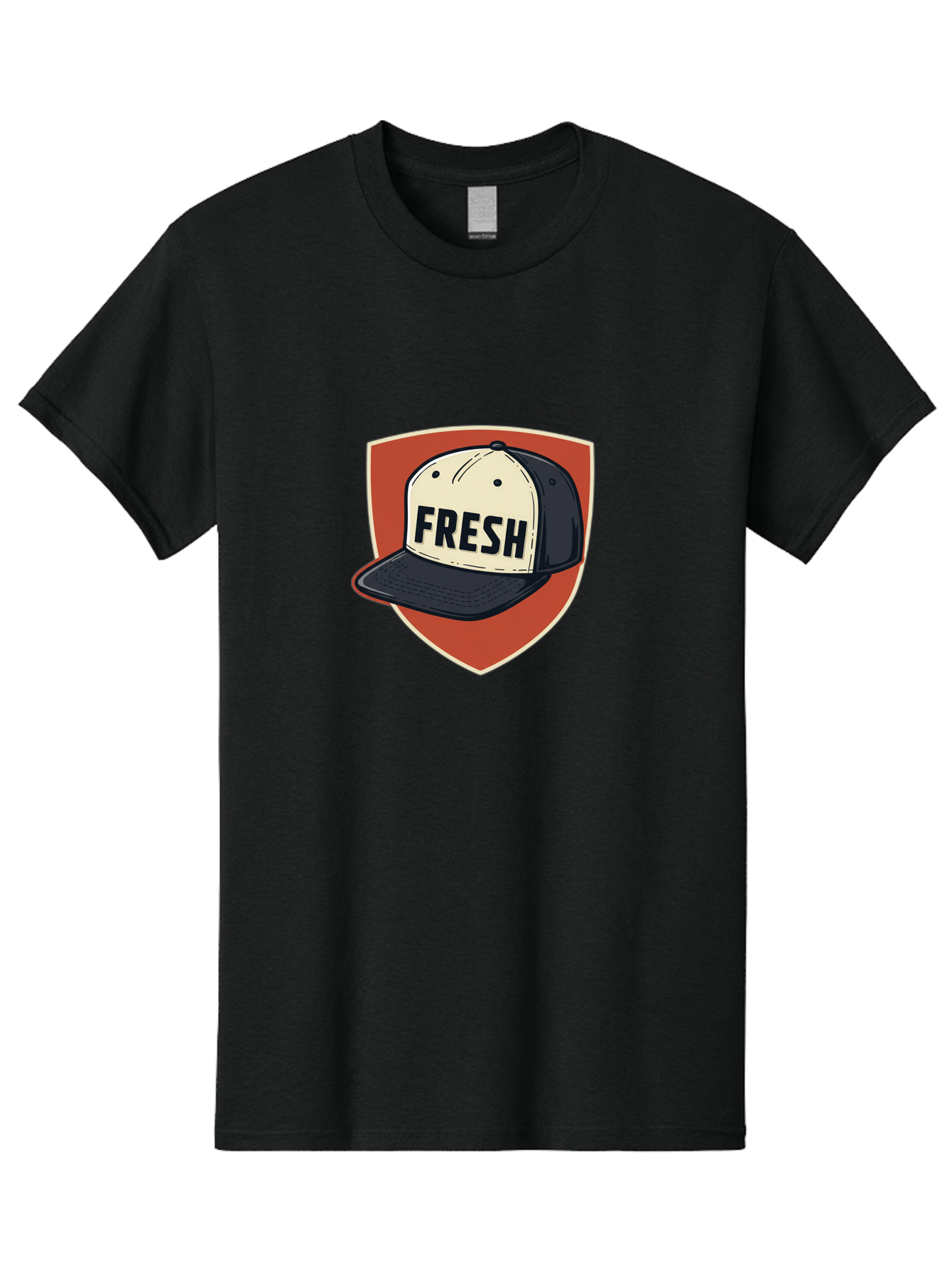 Fresh-Baseball-Cap Men'S Graphic Tee, 100% Cotton, Comfortable Casual Summer Wear, Machine Washable, Baseball Cap, Trendy Fashion, Streetwear Style, Fresh Branding, Stylish Accessories, Bold Design, Black And White Colors, Shield Icon Bad111