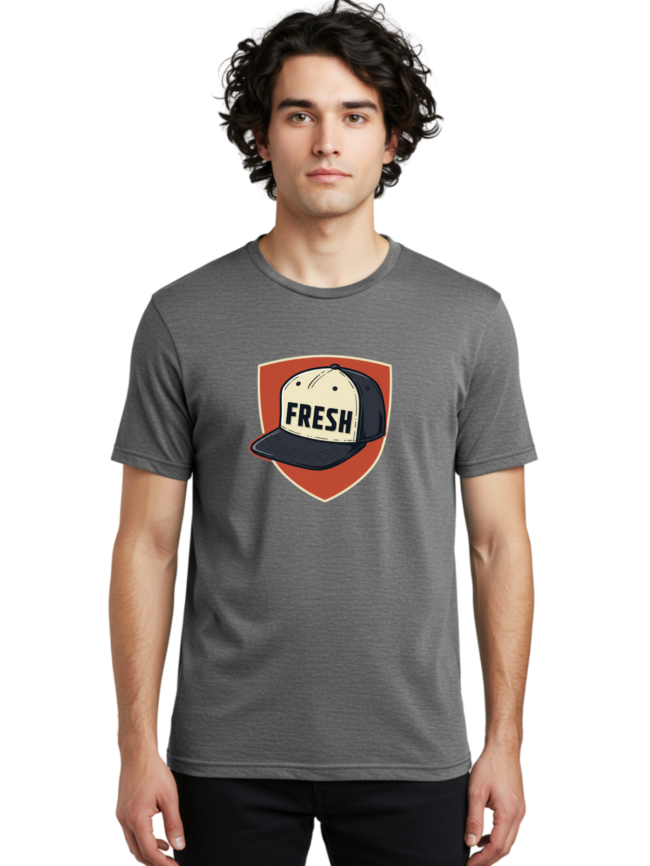 Fresh-Baseball-Cap Men'S Graphic Tee, 100% Cotton, Comfortable Casual Summer Wear, Machine Washable, Baseball Cap, Trendy Fashion, Streetwear Style, Fresh Branding, Stylish Accessories, Bold Design, Black And White Colors, Shield Icon Bad111