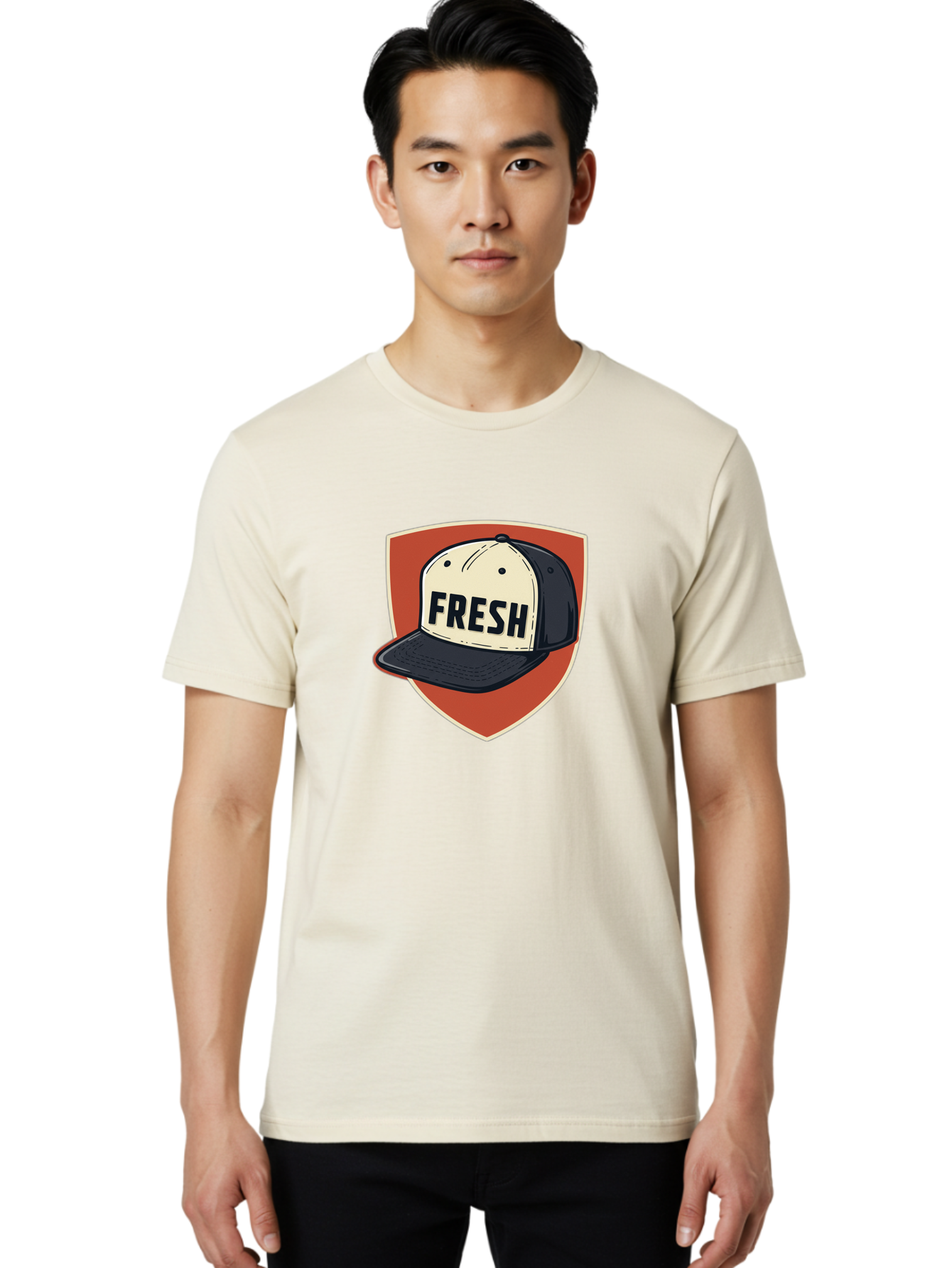 Fresh-Baseball-Cap Men'S Graphic Tee, 100% Cotton, Comfortable Casual Summer Wear, Machine Washable, Baseball Cap, Trendy Fashion, Streetwear Style, Fresh Branding, Stylish Accessories, Bold Design, Black And White Colors, Shield Icon Bad111