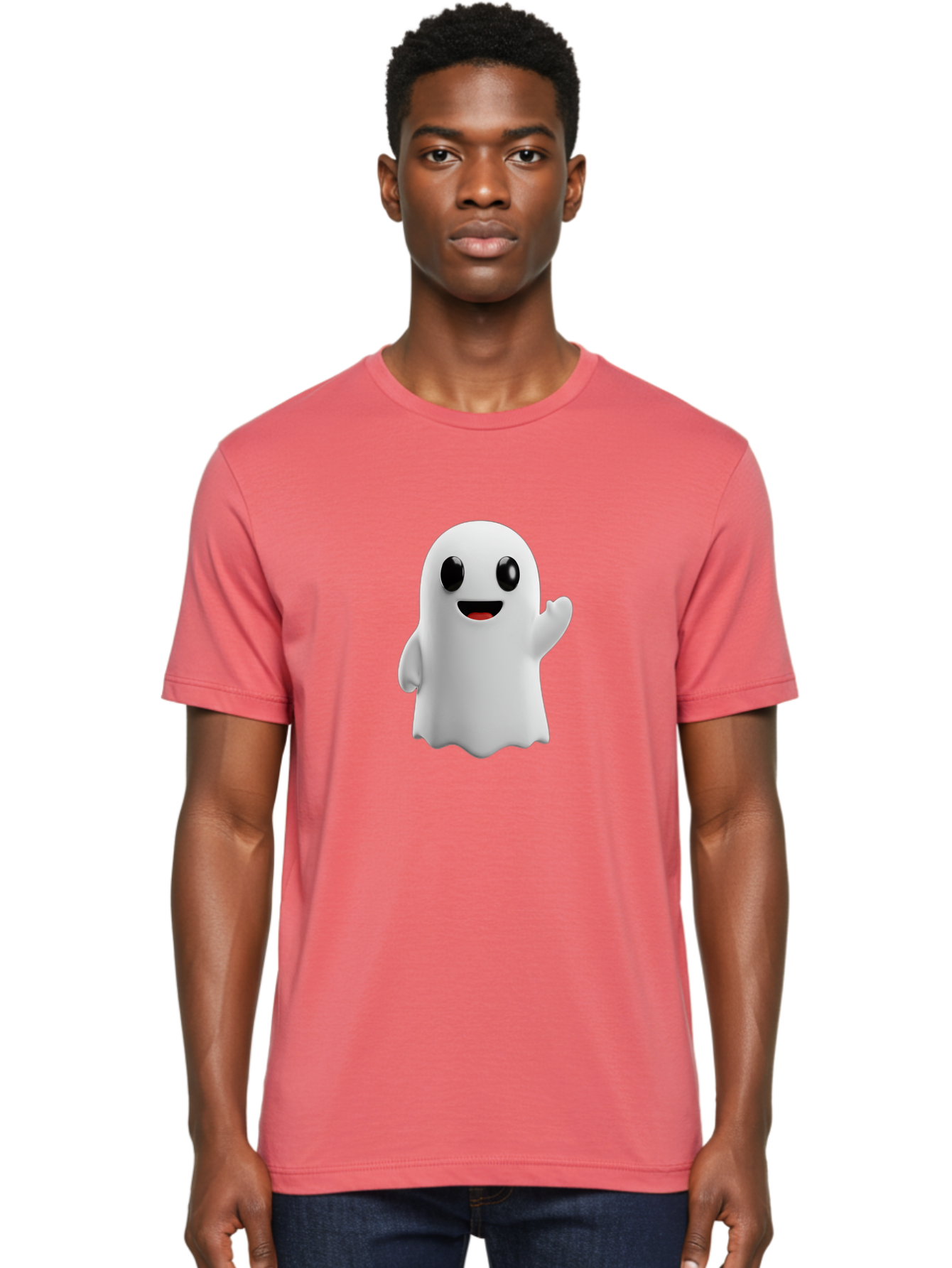 Friendly-Ghost Men'S Graphic Tee, 100% Cotton, Comfortable Casual Summer Wear, Machine Washable, Cartoon Ghost Character, Friendly Ghost, Smiling Ghost, Waving Ghost, Cute Ghost, 3D Rendering, Halloween Theme, Playful Character, Bad112