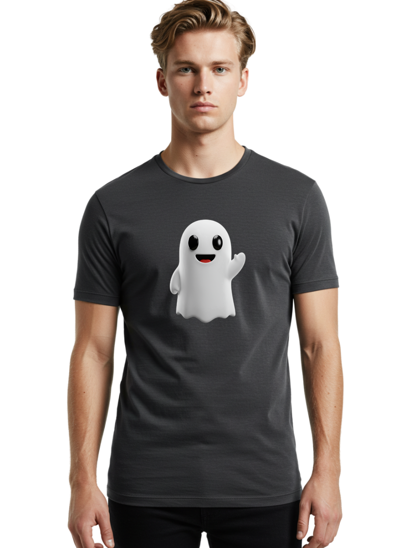 Friendly-Ghost Men'S Graphic Tee, 100% Cotton, Comfortable Casual Summer Wear, Machine Washable, Cartoon Ghost Character, Friendly Ghost, Smiling Ghost, Waving Ghost, Cute Ghost, 3D Rendering, Halloween Theme, Playful Character, Bad112