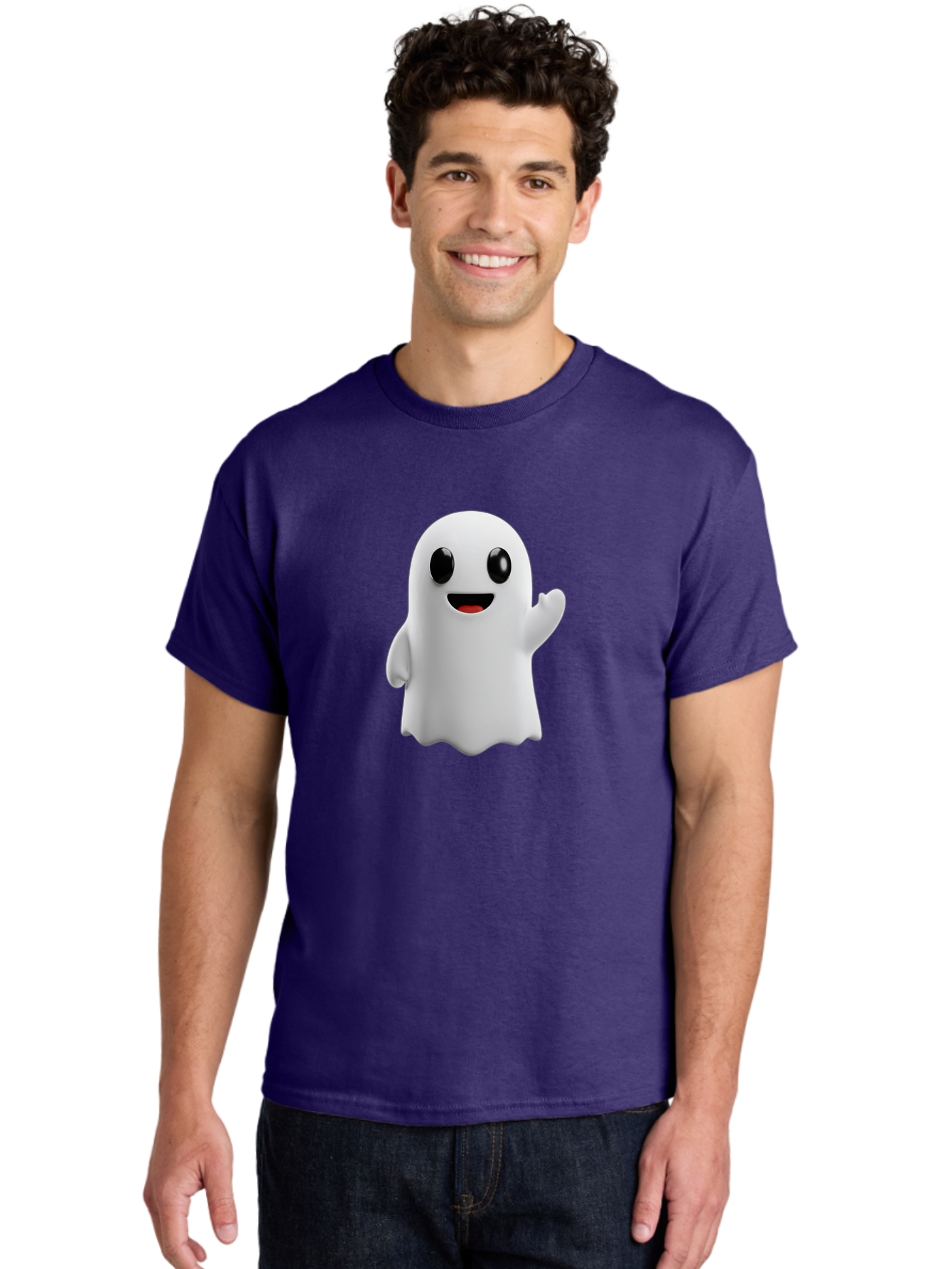Friendly-Ghost Men'S Graphic Tee, 100% Cotton, Comfortable Casual Summer Wear, Machine Washable, Cartoon Ghost Character, Friendly Ghost, Smiling Ghost, Waving Ghost, Cute Ghost, 3D Rendering, Halloween Theme, Playful Character, Bad112
