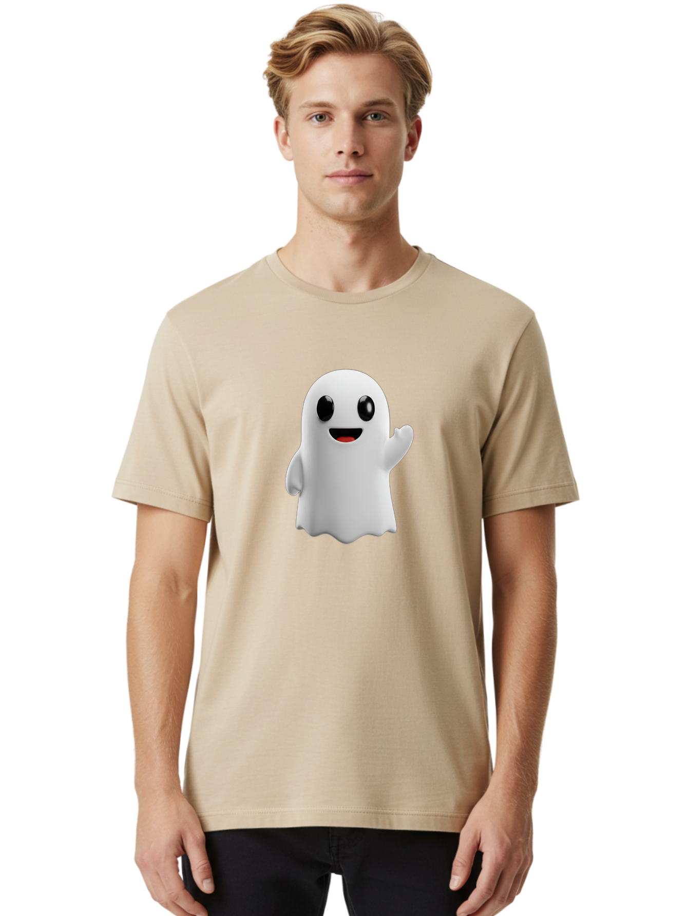 Friendly-Ghost Men'S Graphic Tee, 100% Cotton, Comfortable Casual Summer Wear, Machine Washable, Cartoon Ghost Character, Friendly Ghost, Smiling Ghost, Waving Ghost, Cute Ghost, 3D Rendering, Halloween Theme, Playful Character, Bad112