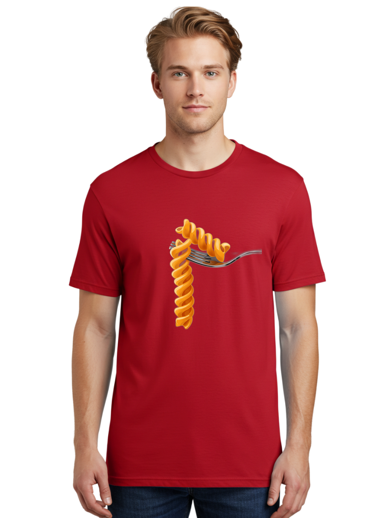 Fusilli-On-Fork Men'S Graphic Tee, 100% Cotton, Comfortable Casual Summer Wear, Machine Washable, Fusilli Pasta, Spiral Pasta, Fork, Italian Cuisine, Delicious Meal, Tasty Food, Pasta Dish, Culinary Delight Bad113