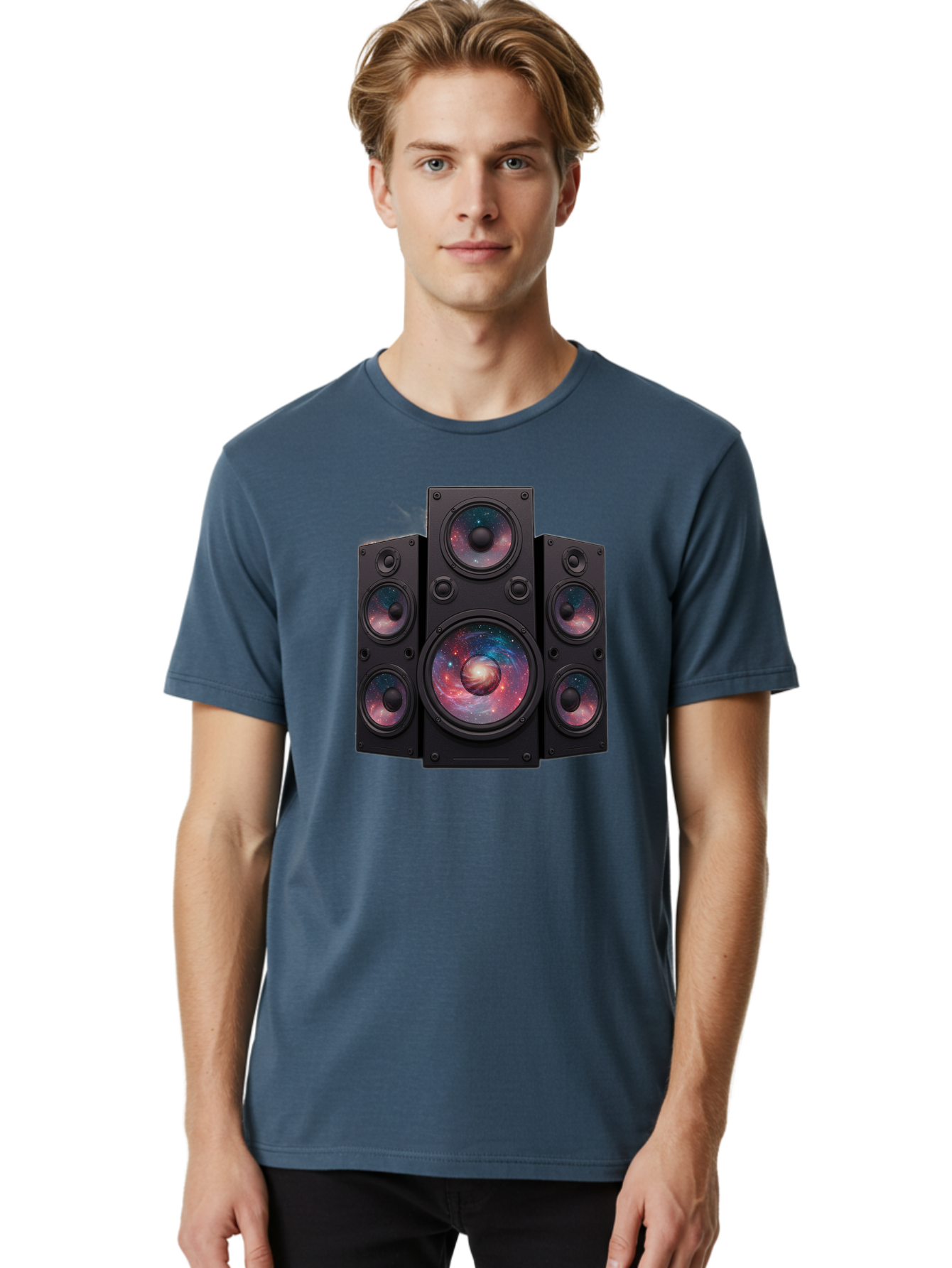 Galaxy-Speakers Men'S Graphic Tee, 100% Cotton, Comfortable Casual Summer Wear, Machine Washable, Home Theater System, Surround Sound Speakers, Galaxy Design, Space-Themed Decor, Audio Equipment, Immersive Sound Experience, Bad114