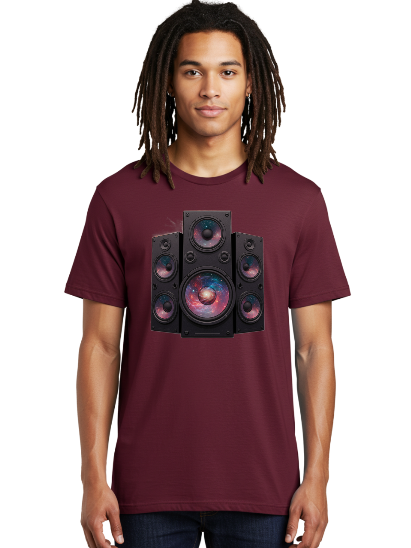 Galaxy-Speakers Men'S Graphic Tee, 100% Cotton, Comfortable Casual Summer Wear, Machine Washable, Home Theater System, Surround Sound Speakers, Galaxy Design, Space-Themed Decor, Audio Equipment, Immersive Sound Experience, Bad114