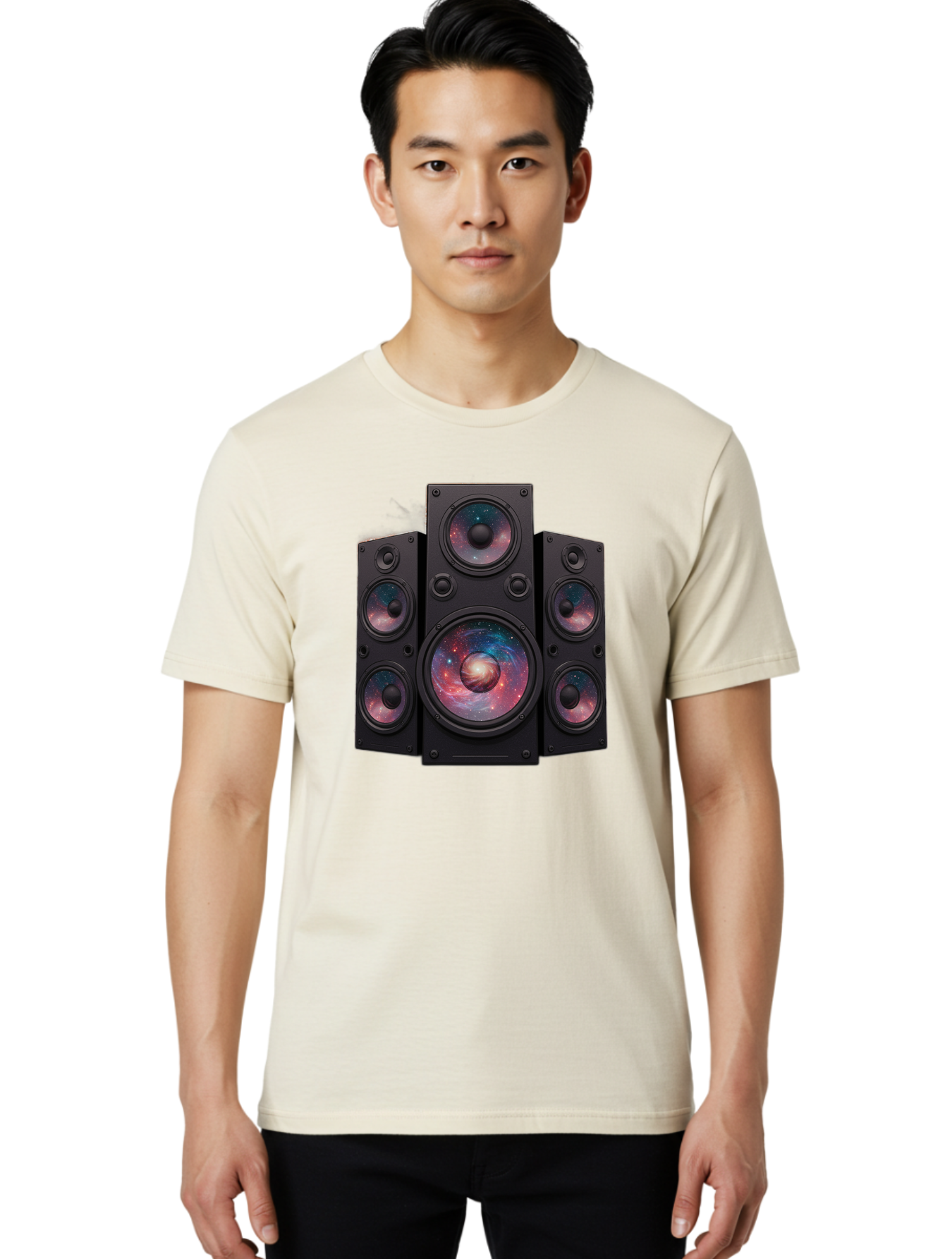 Galaxy-Speakers Men'S Graphic Tee, 100% Cotton, Comfortable Casual Summer Wear, Machine Washable, Home Theater System, Surround Sound Speakers, Galaxy Design, Space-Themed Decor, Audio Equipment, Immersive Sound Experience, Bad114