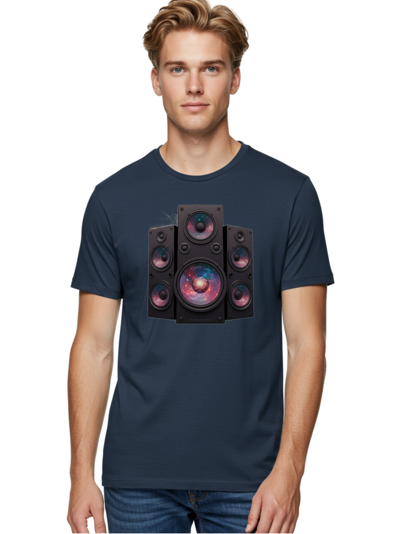 Galaxy-Speakers Men'S Graphic Tee, 100% Cotton, Comfortable Casual Summer Wear, Machine Washable, Home Theater System, Surround Sound Speakers, Galaxy Design, Space-Themed Decor, Audio Equipment, Immersive Sound Experience, Bad114