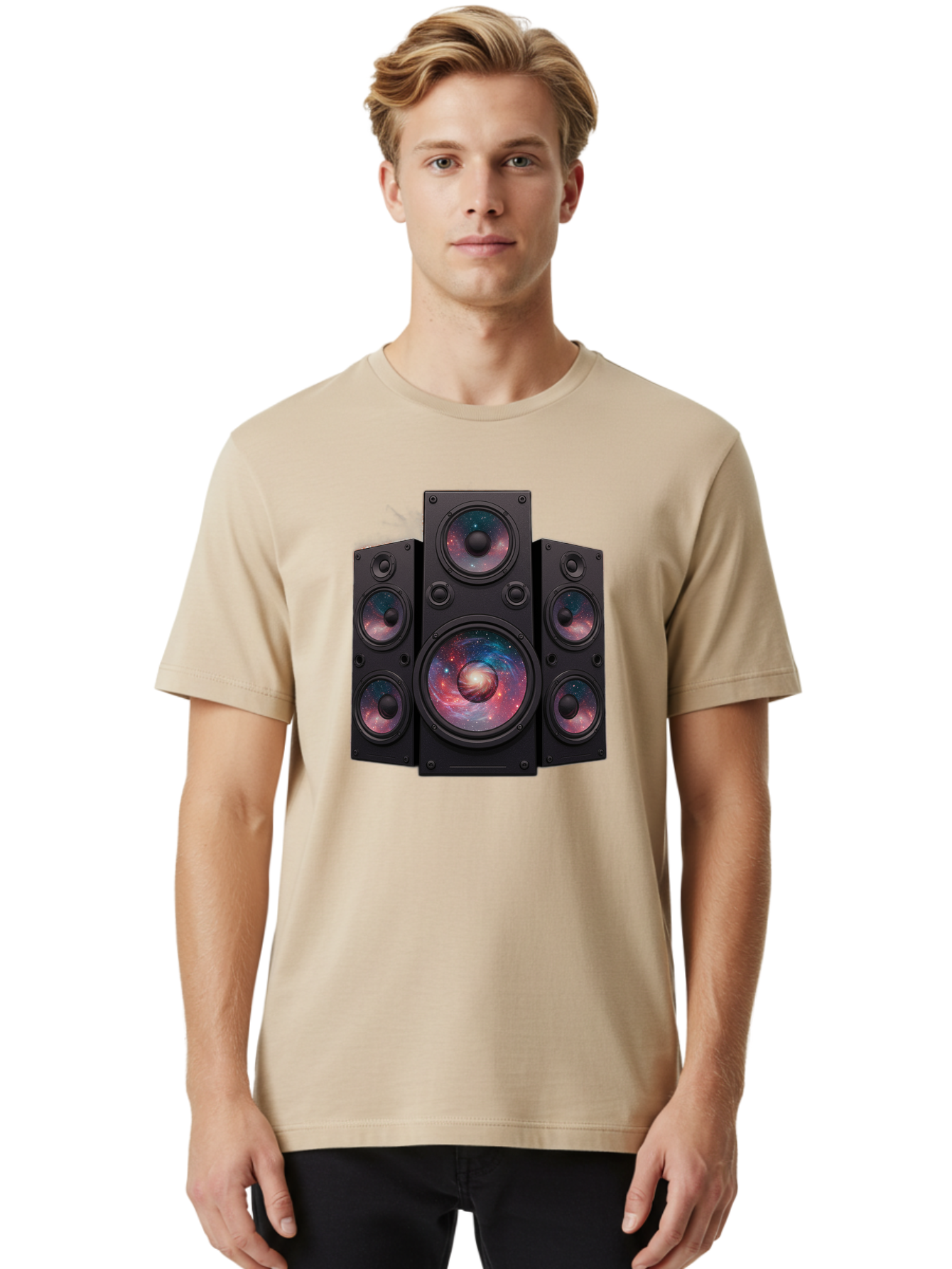 Galaxy-Speakers Men'S Graphic Tee, 100% Cotton, Comfortable Casual Summer Wear, Machine Washable, Home Theater System, Surround Sound Speakers, Galaxy Design, Space-Themed Decor, Audio Equipment, Immersive Sound Experience, Bad114