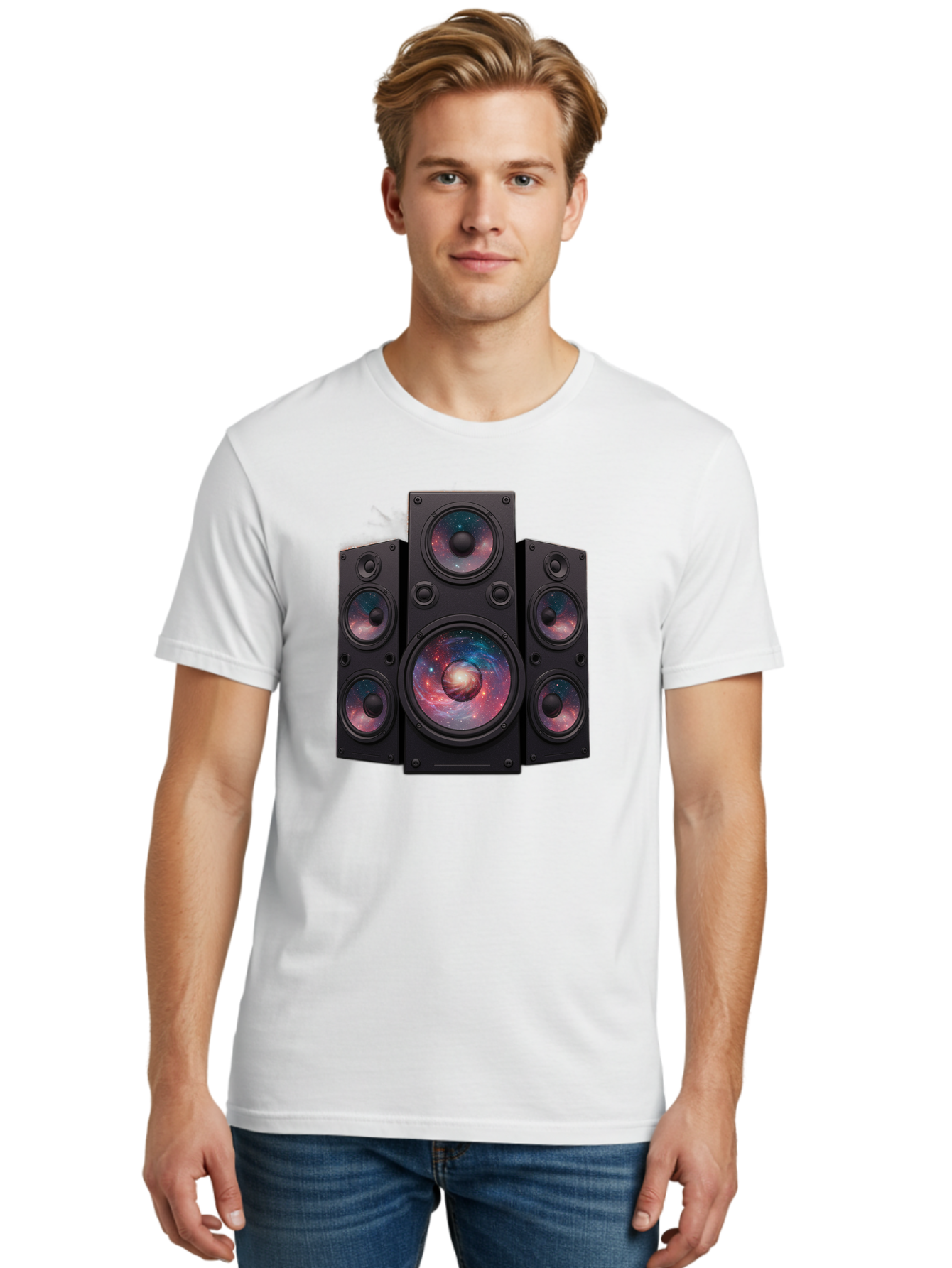 Galaxy-Speakers Men'S Graphic Tee, 100% Cotton, Comfortable Casual Summer Wear, Machine Washable, Home Theater System, Surround Sound Speakers, Galaxy Design, Space-Themed Decor, Audio Equipment, Immersive Sound Experience, Bad114
